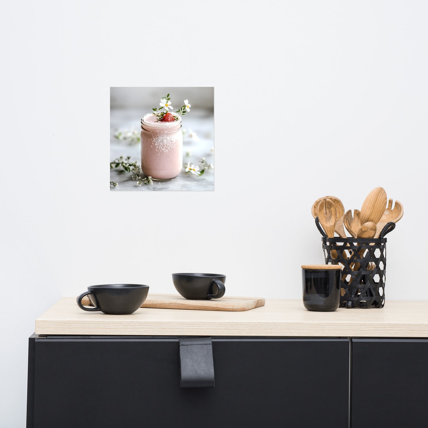 Lifestyle Image: 10x10 Pink Strawberry Smoothie Feminine Pink Aesthetic Home Decor Poster hanging in a stylish kitchen