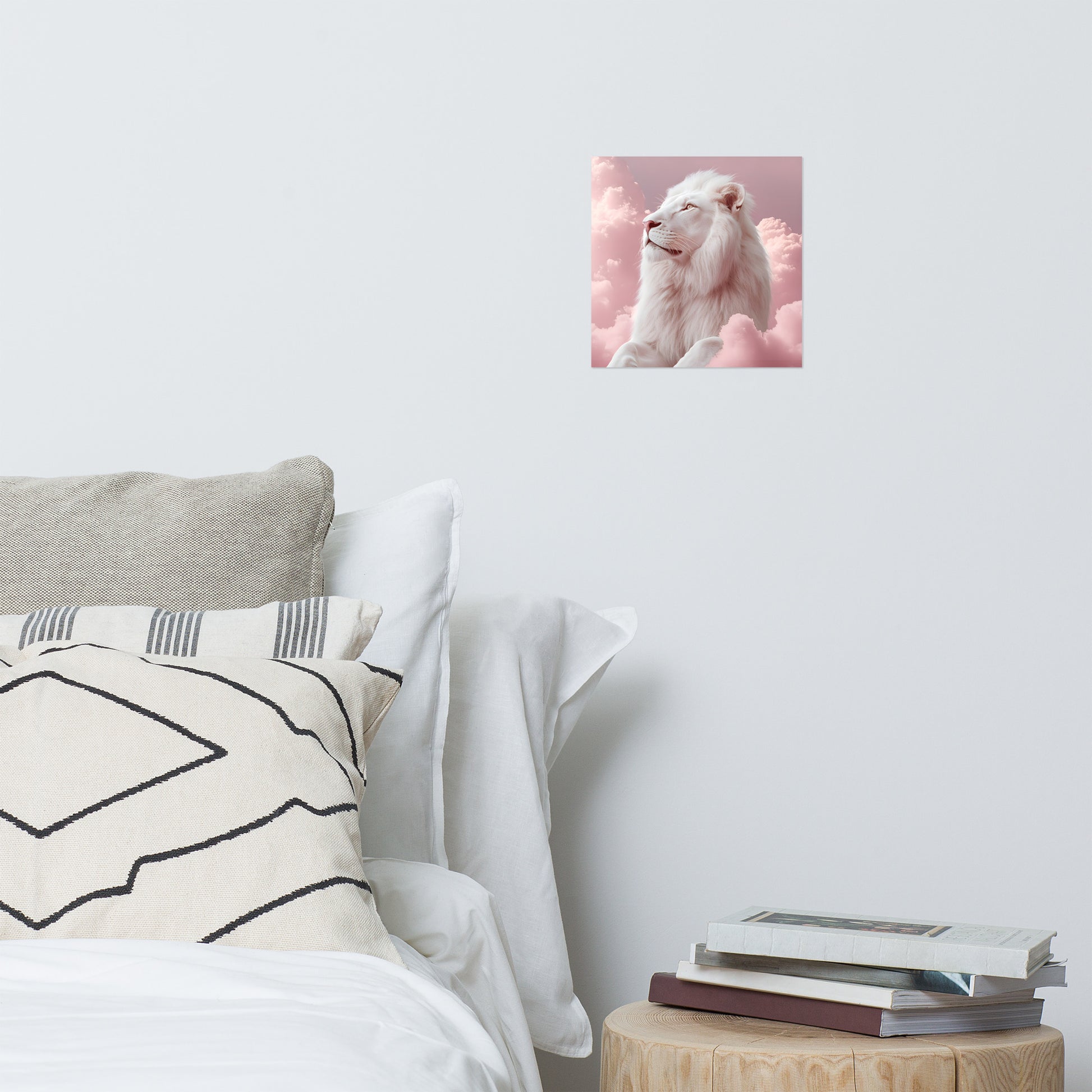 Lifestyle Image: 10x10 White Lion in Pink Clouds Pink Aesthetic Poster hanging in a stylish living room