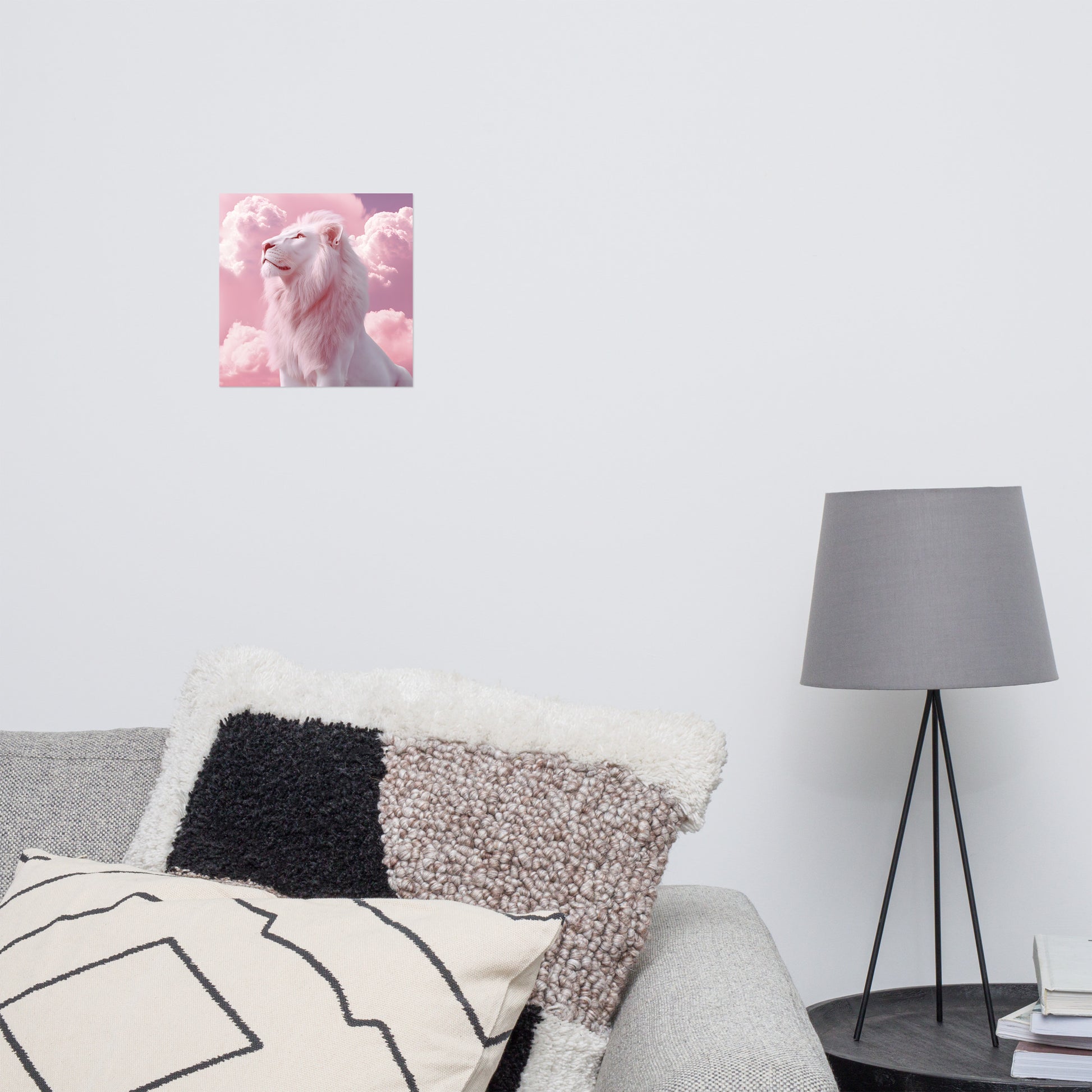 Lifestyle Image: 10x10 Pink Clouds & White Lion Aesthetic Wall Art Poster hanging in a stylish living room