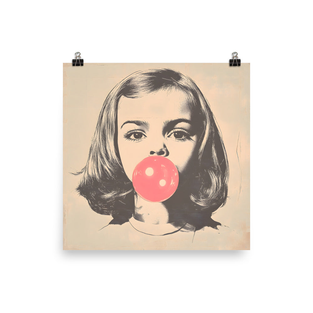 Close-Up of Design: 10x10 Detailed view of the Girl Blowing Bubblegum Illustration on the Aesthetic Poster