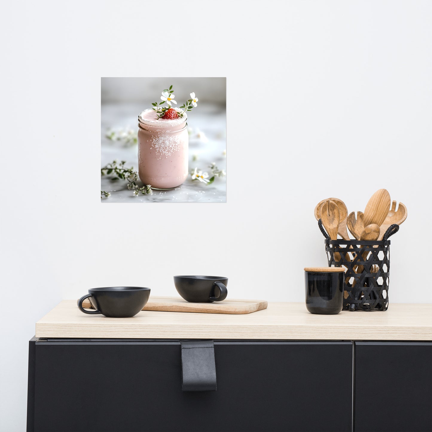 Lifestyle Image: 12x12 Pink Strawberry Smoothie Feminine Pink Aesthetic Home Decor Poster hanging in a stylish kitchen