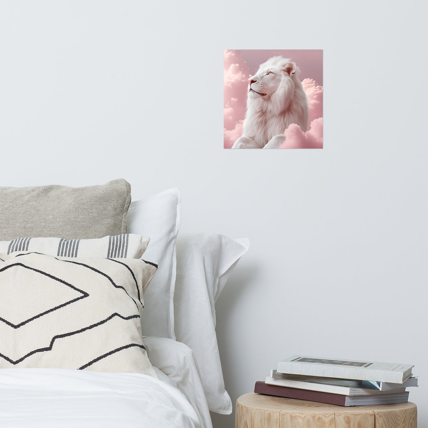 Lifestyle Image: 12x12 White Lion in Pink Clouds Pink Aesthetic Poster hanging in a stylish living room