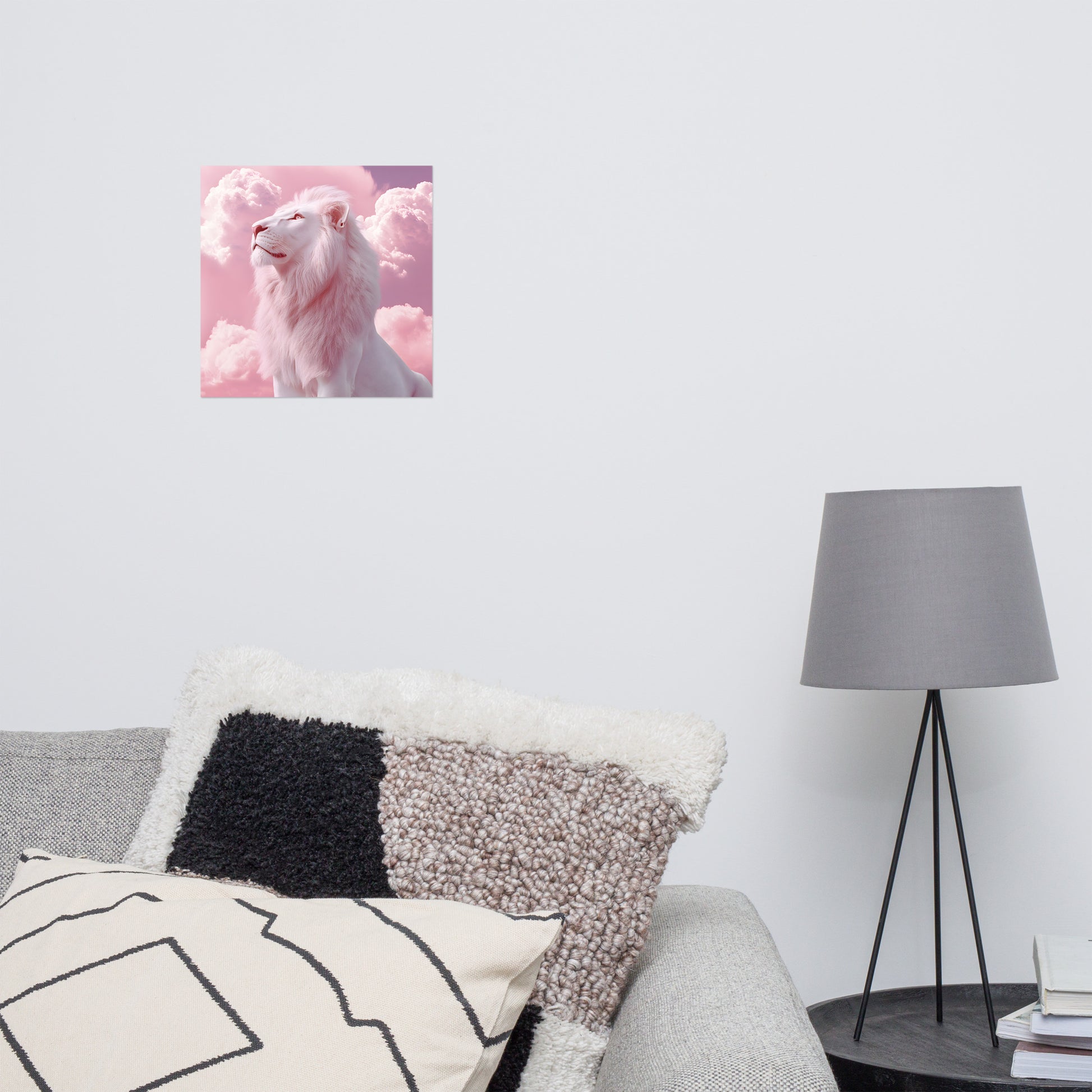 Lifestyle Image: 12x12 Pink Clouds & White Lion Aesthetic Wall Art Poster hanging in a stylish living room