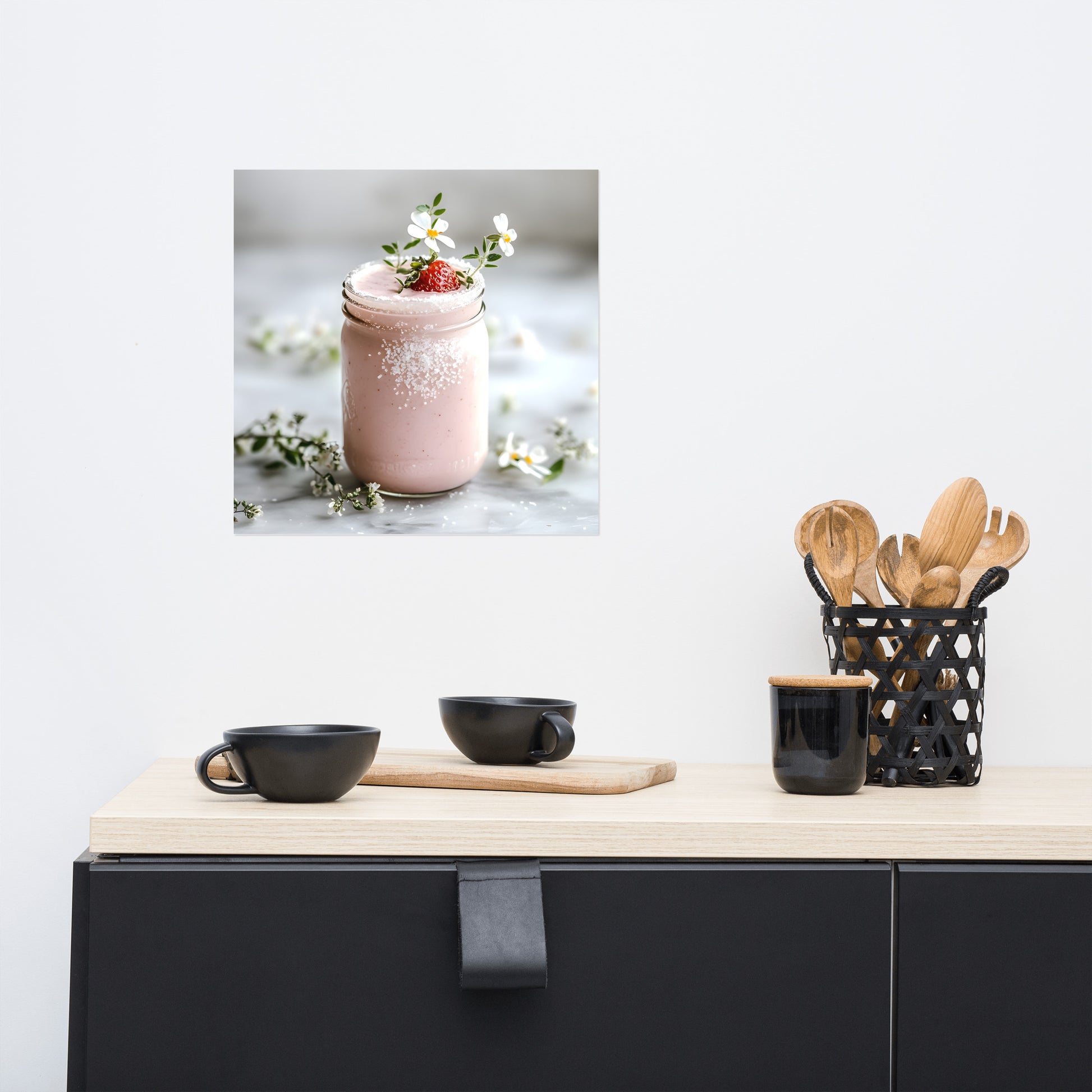 Lifestyle Image: 14x14 Pink Strawberry Smoothie Feminine Pink Aesthetic Home Decor Poster hanging in a stylish kitchen