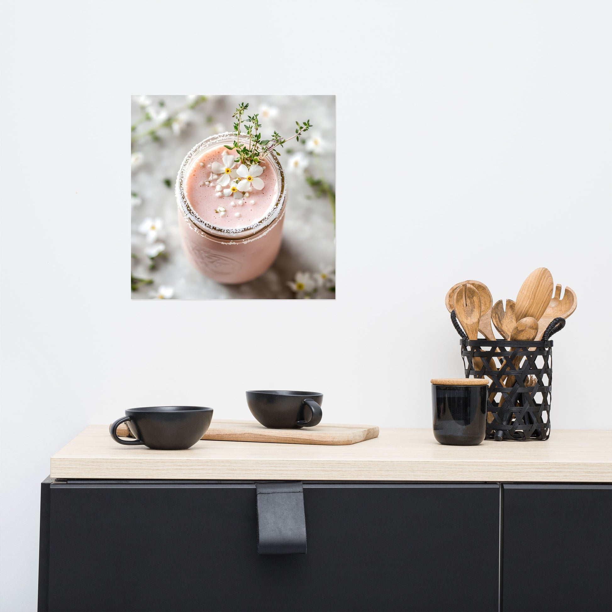 Lifestyle Image: 14x14 Dreamy Strawberry Smoothie Feminine Pink Aesthetic Home Decor Poster hanging in a stylish kitchen