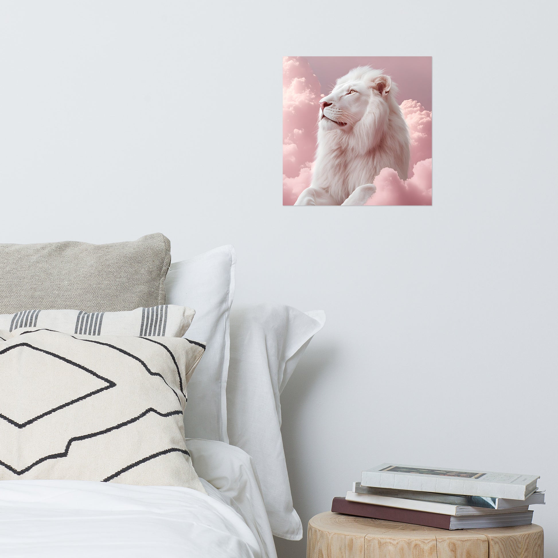 Lifestyle Image: 14x14 White Lion in Pink Clouds Pink Aesthetic Poster hanging in a stylish living room