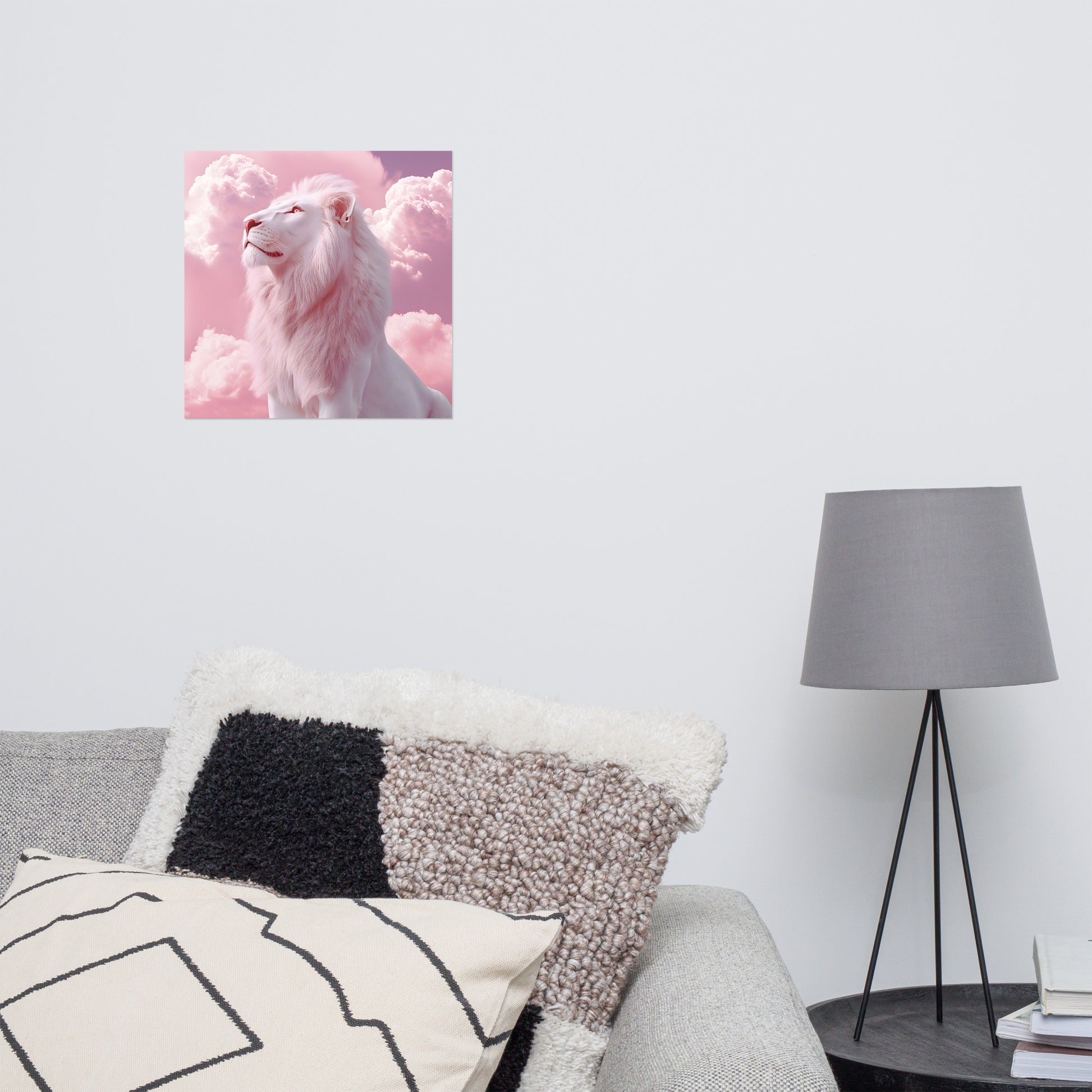 Lifestyle Image: 14x14 Pink Clouds & White Lion Aesthetic Wall Art Poster hanging in a stylish living room