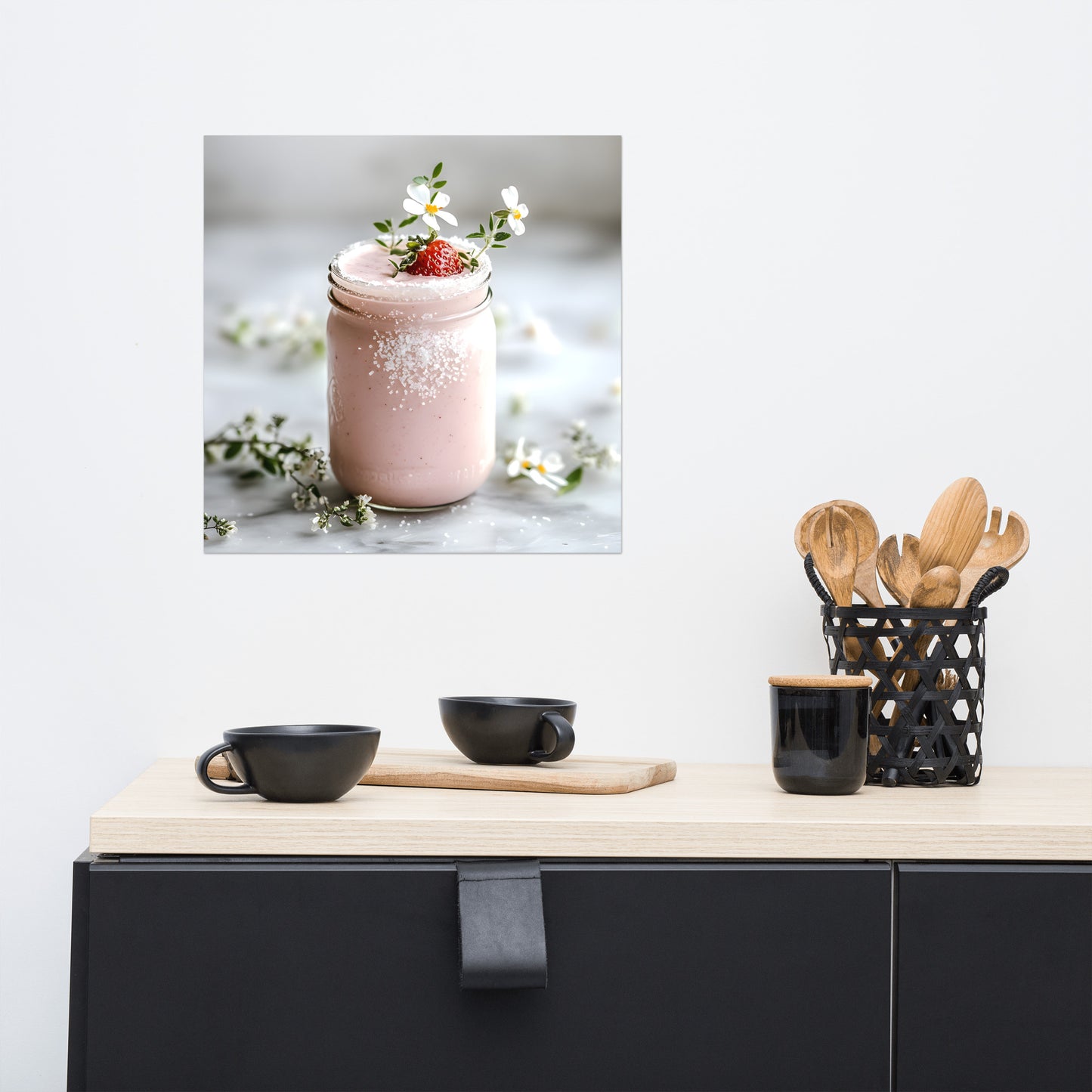 Lifestyle Image: 16x16 Pink Strawberry Smoothie Feminine Pink Aesthetic Home Decor Poster hanging in a stylish kitchen