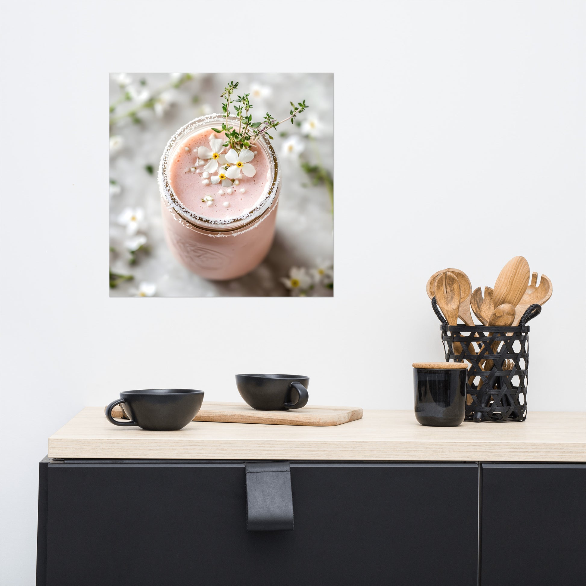 Lifestyle Image: 16x16 Dreamy Strawberry Smoothie Feminine Pink Aesthetic Home Decor Poster hanging in a stylish kitchen