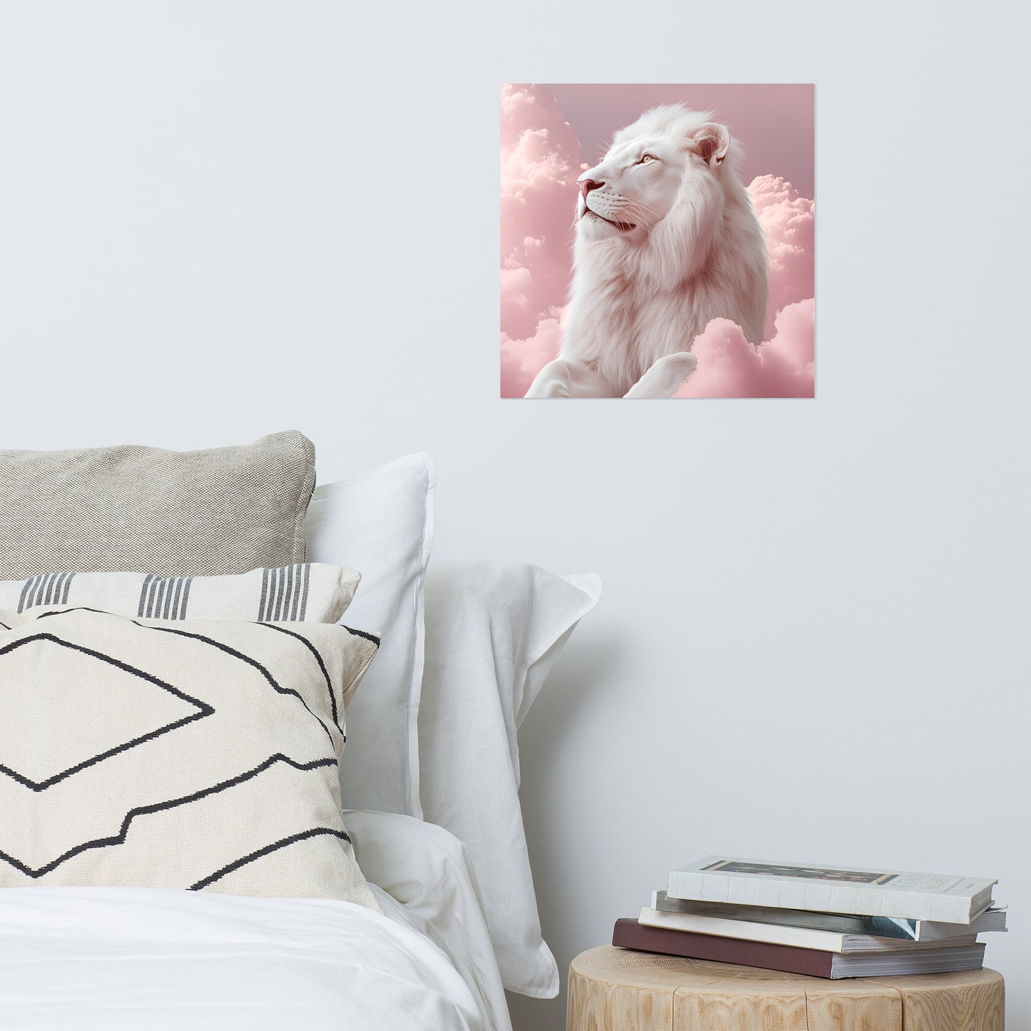 Lifestyle Image: 16x16 White Lion in Pink Clouds Pink Aesthetic Poster hanging in a stylish living room