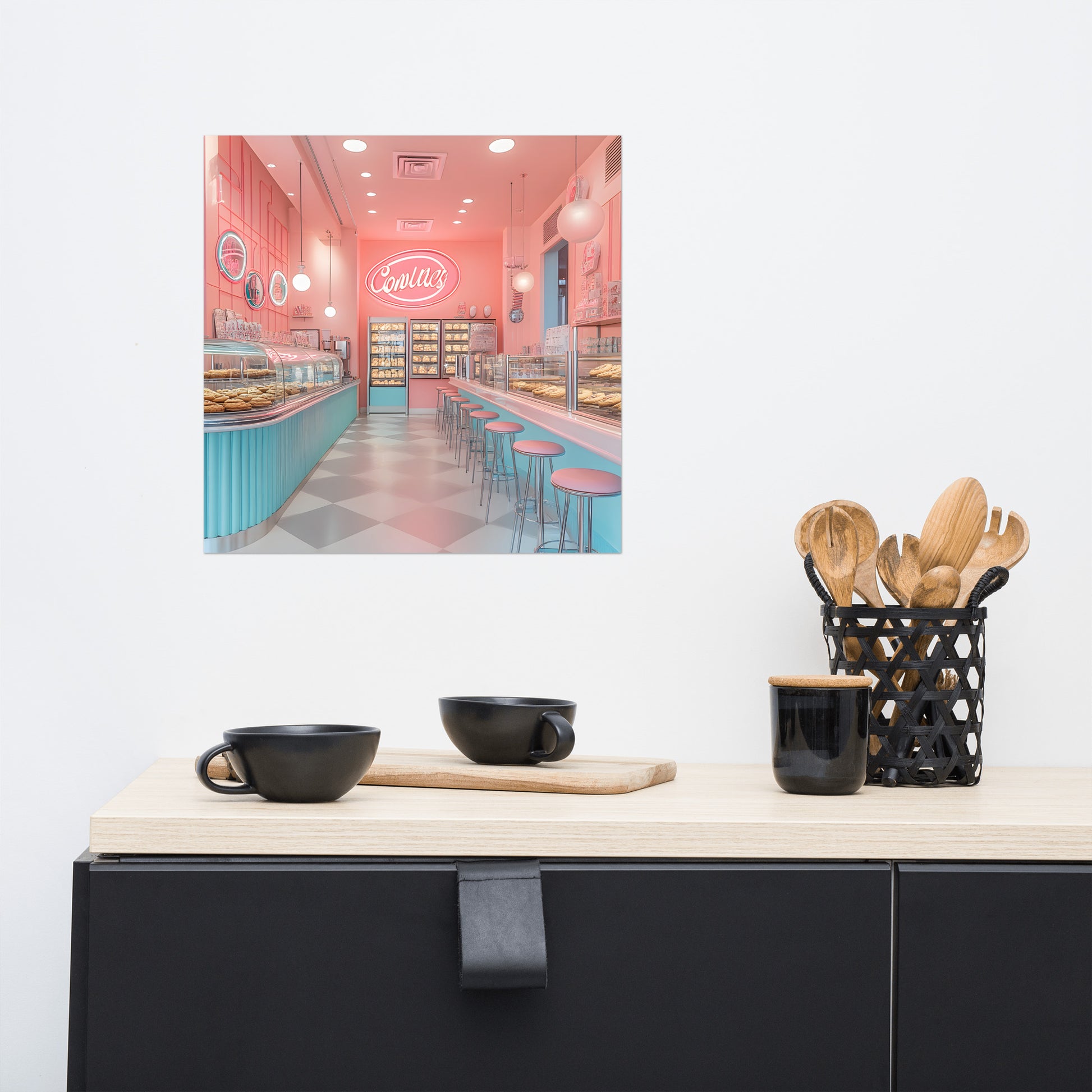 Lifestyle Image: 16x16 Trendy American Retro Cookie Shop Illustration Pink Aesthetic Poster hanging in a stylish kitchen