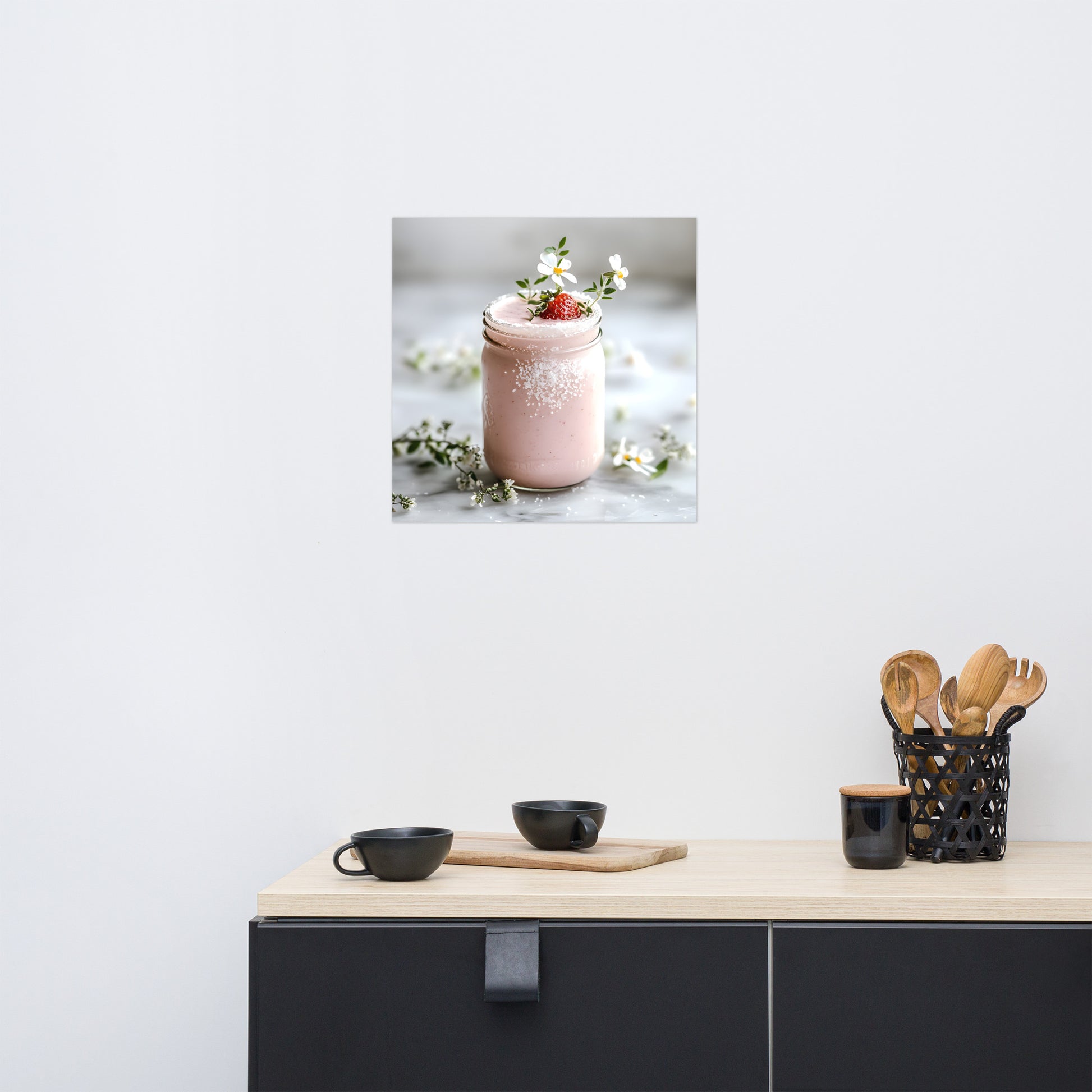 Lifestyle Image: 18x18 Pink Strawberry Smoothie Feminine Pink Aesthetic Home Decor Poster hanging in a stylish kitchen