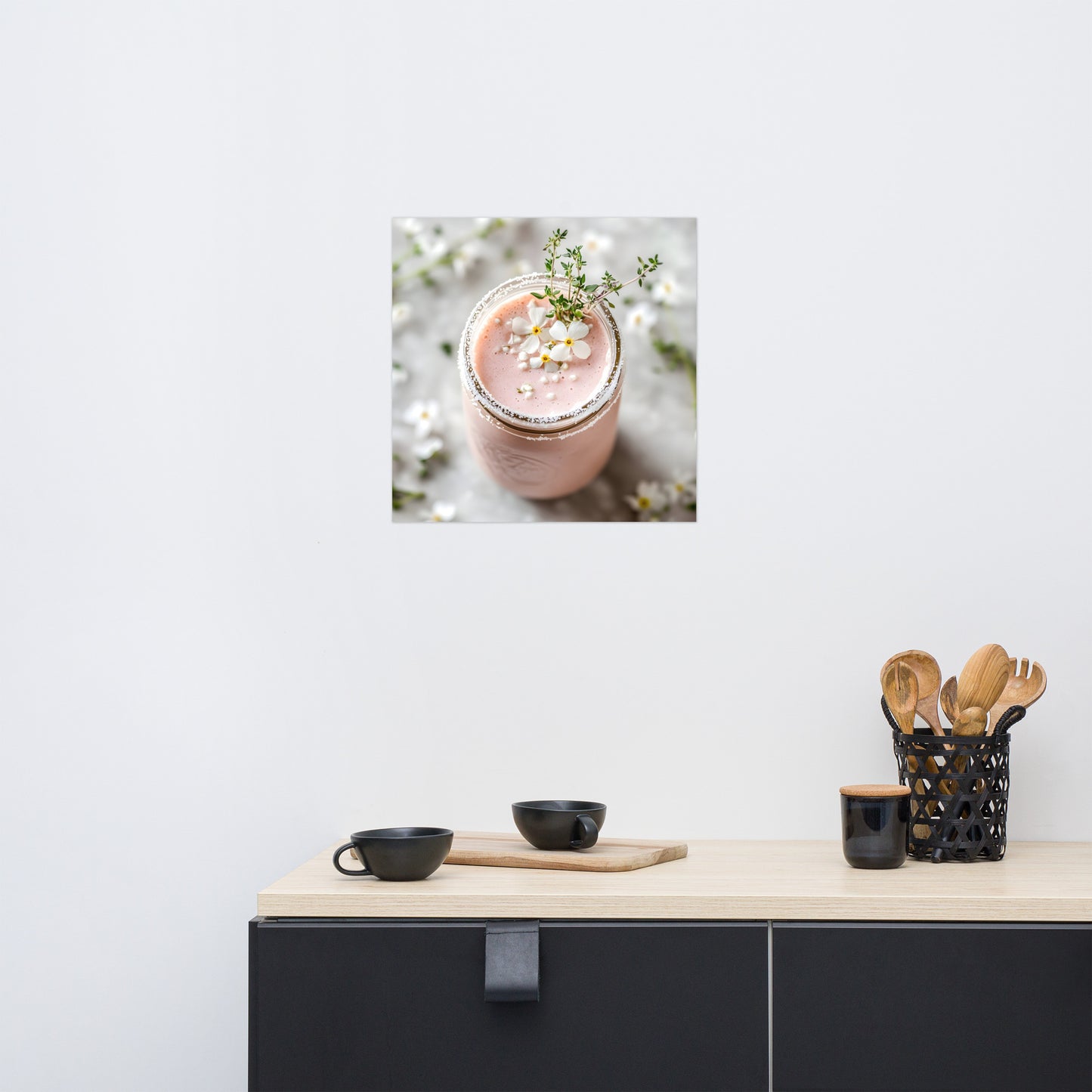 Lifestyle Image: 18x18 Dreamy Strawberry Smoothie Feminine Pink Aesthetic Home Decor Poster hanging in a stylish kitchen