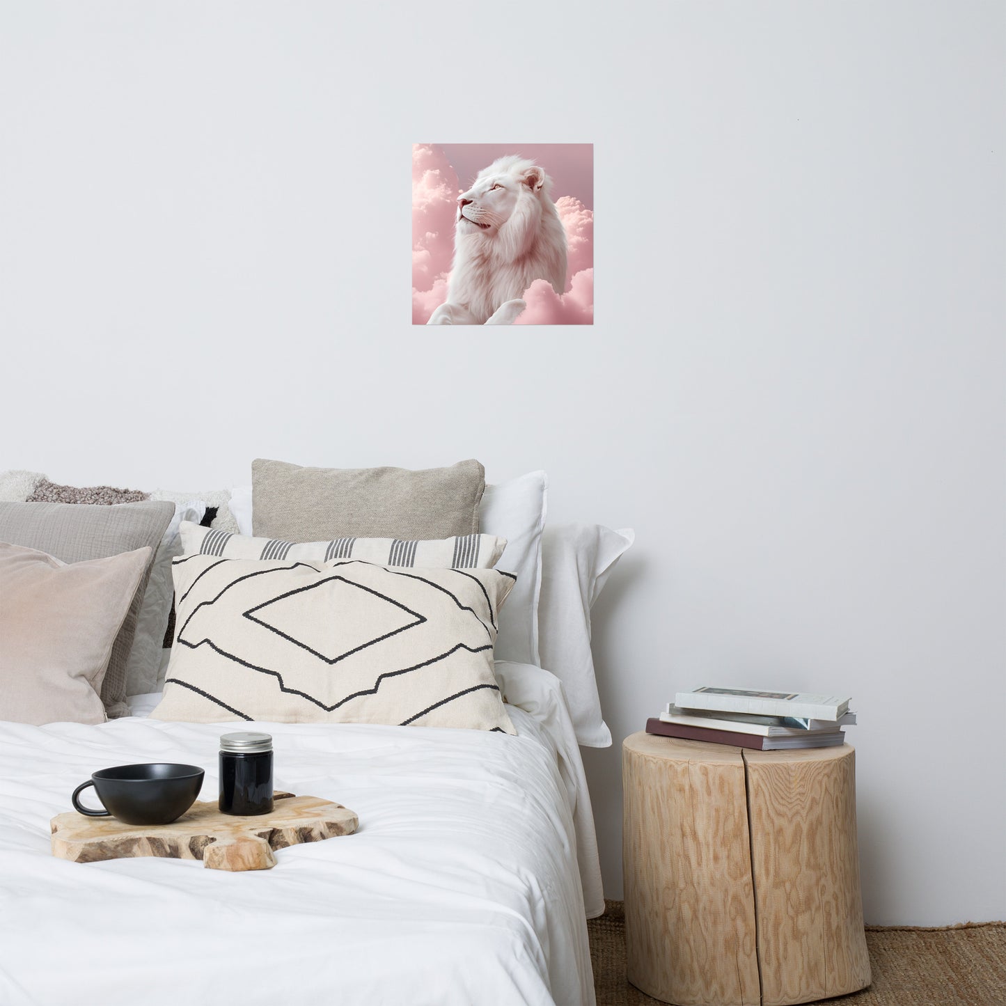 Lifestyle Image: 18x18 White Lion in Pink Clouds Pink Aesthetic Poster hanging in a stylish living room