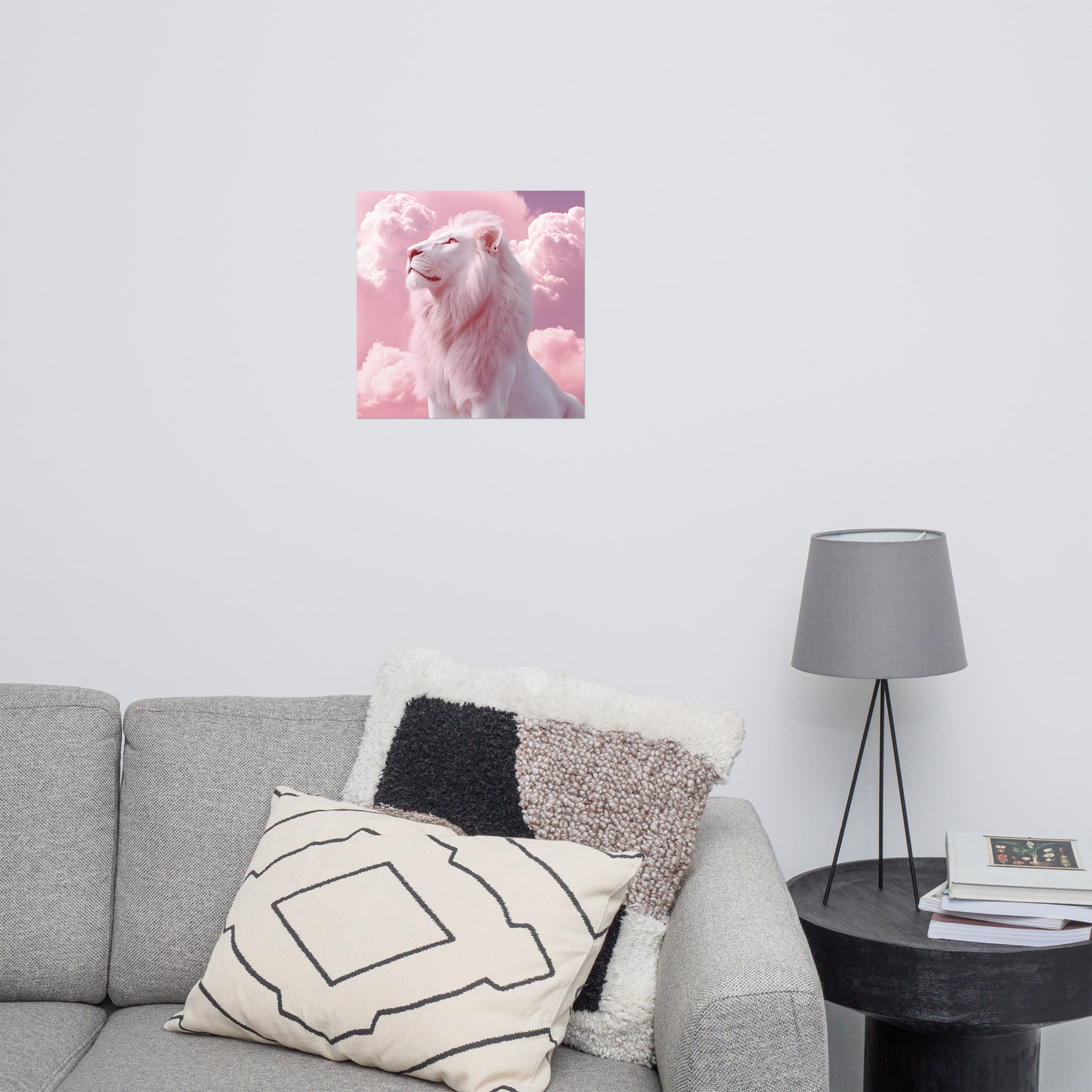 Lifestyle Image: 18x18 Pink Clouds & White Lion Aesthetic Wall Art Poster hanging in a stylish living room