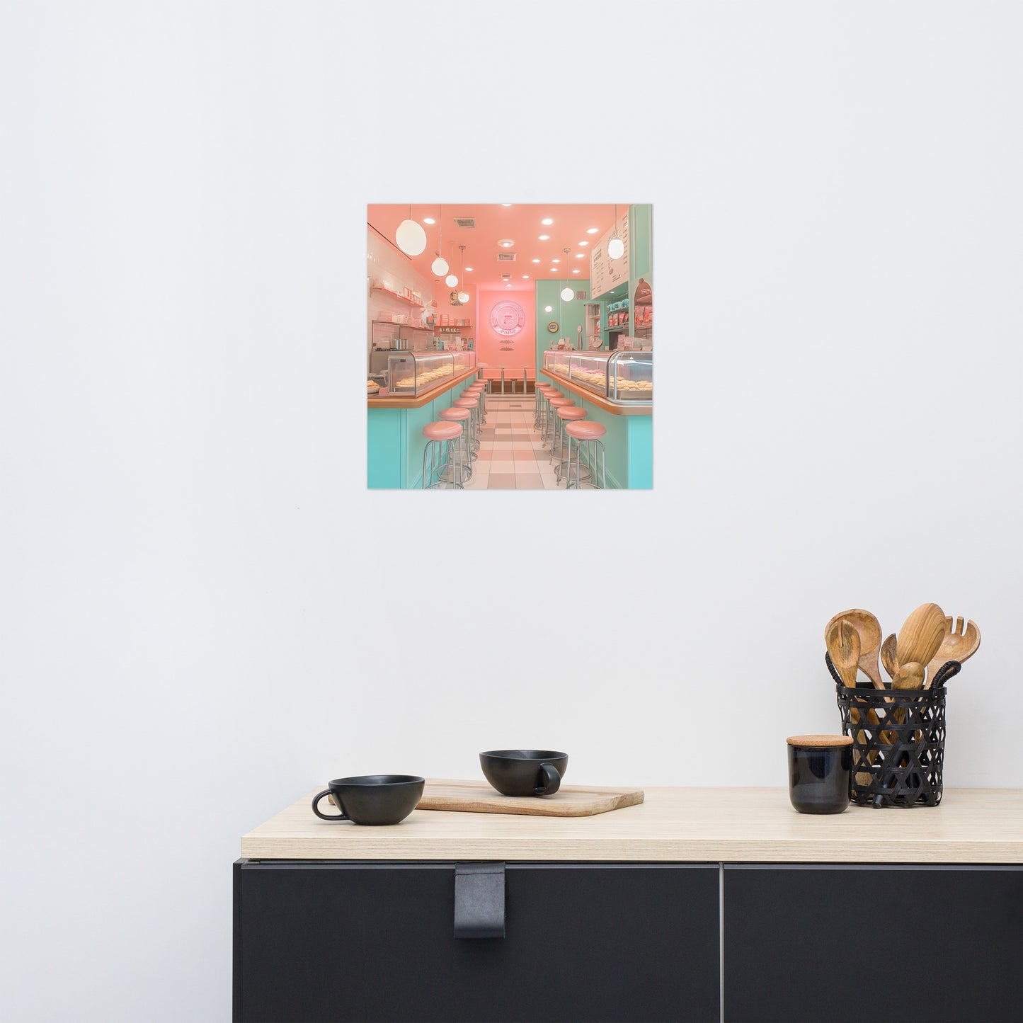 Product Lifestyle Image: 18x18 Retro Cookie Shop Illustration Pink Aesthetic Poster hanging in a stylish kitchen