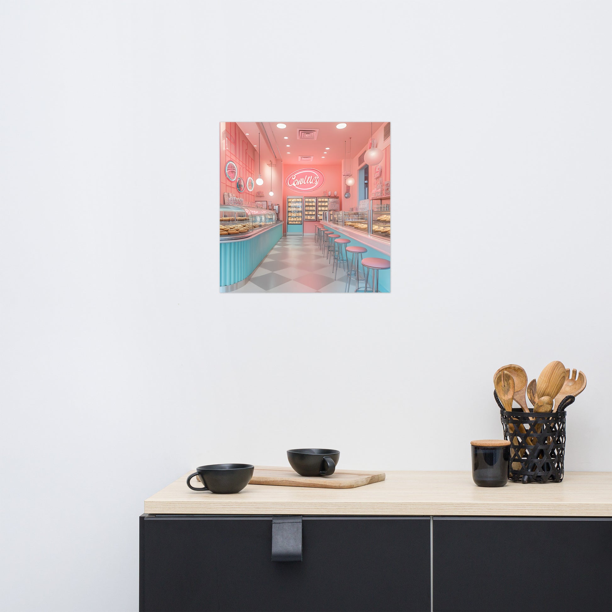 Lifestyle Image: 18x18 Trendy American Retro Cookie Shop Illustration Pink Aesthetic Poster hanging in a stylish kitchen