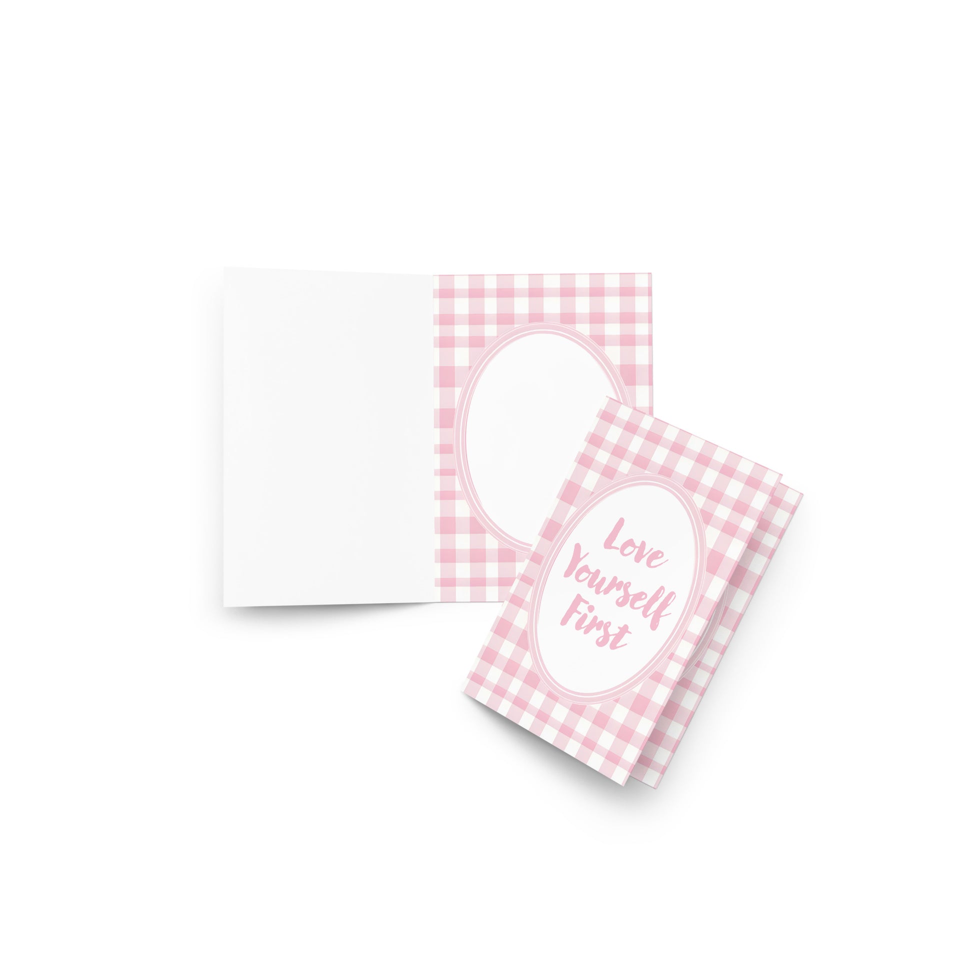 Flat Lay Image: Love Yourself First Valentine's Day Pink Inspirational Quote Greeting Card displayed with other greeting cards