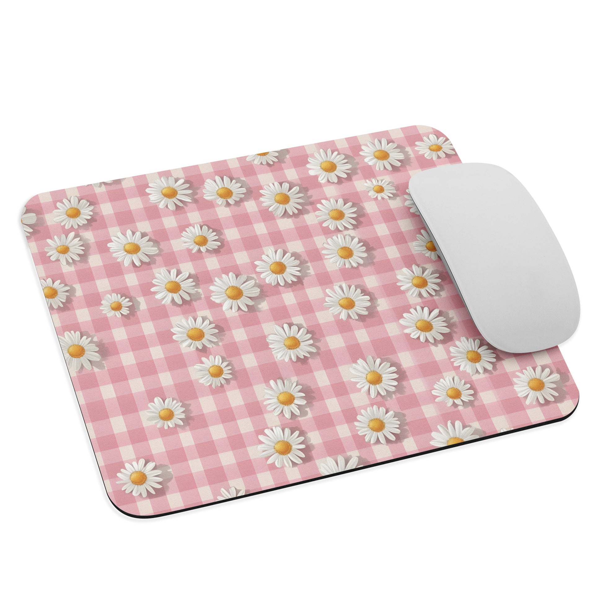 Front View Image: White Daisies on Pastel Pink Checkered Mousepad