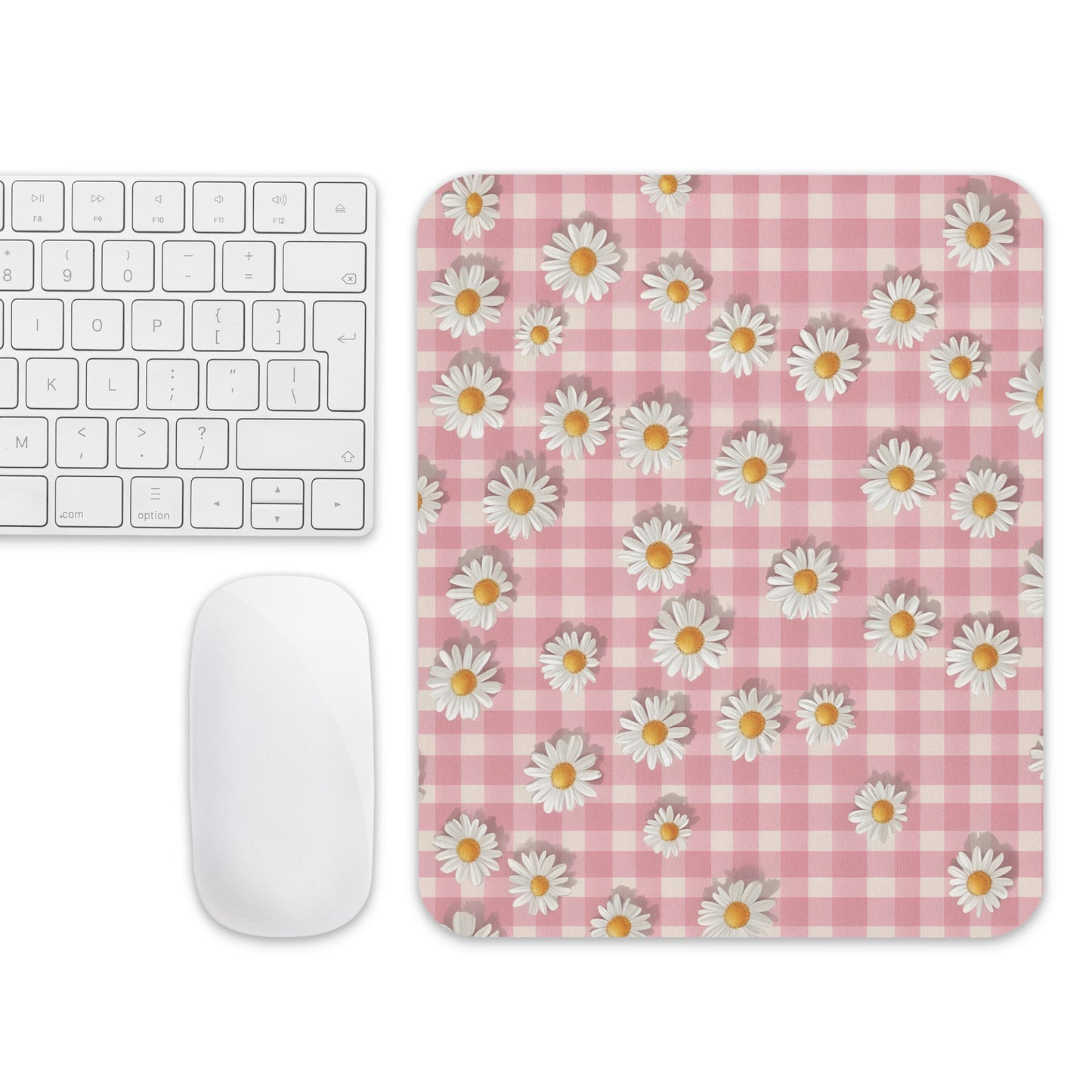 Flat Lay Image: Flat lay of White Daisies on Pastel Pink Checkered Mousepad with other desk accessories