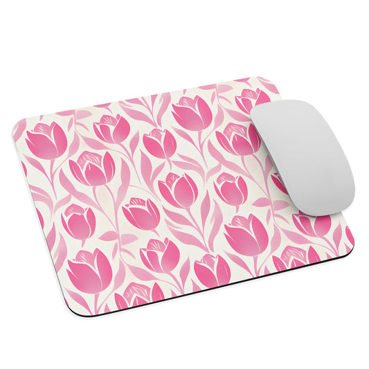 Front View Image: Decorative Block Print Pink Tulip Mousepad