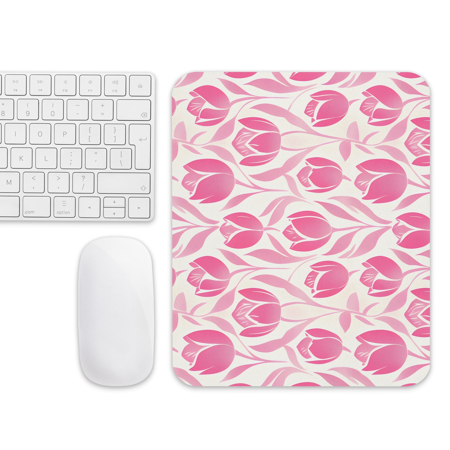 Flat Lay Image: Flat lay of Decorative Block Print Pink Tulip Mousepad with other desk accessories