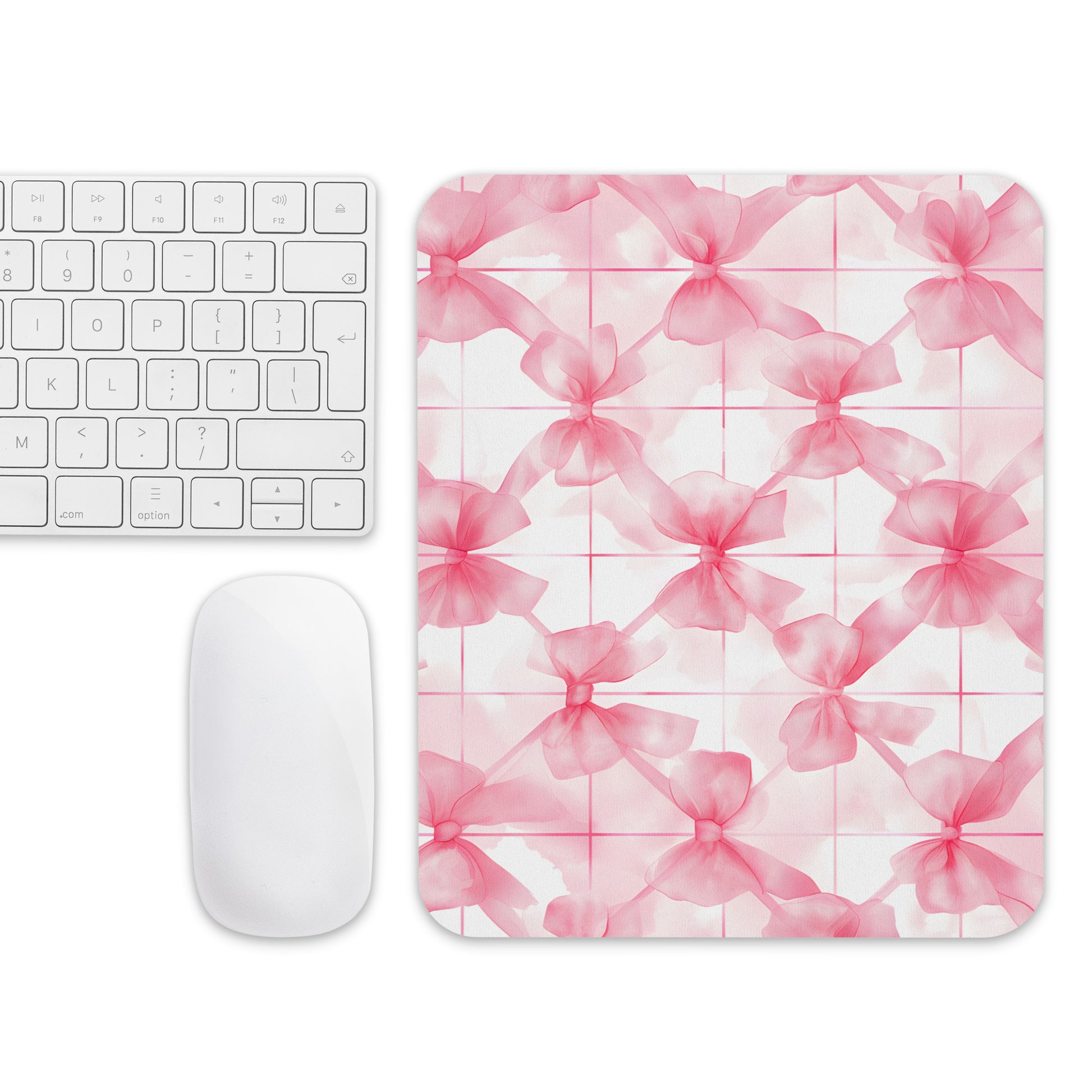 Flat Lay Image: Flat lay of Coquette Pink Watercolor Ribbon Mousepad with other desk accessories