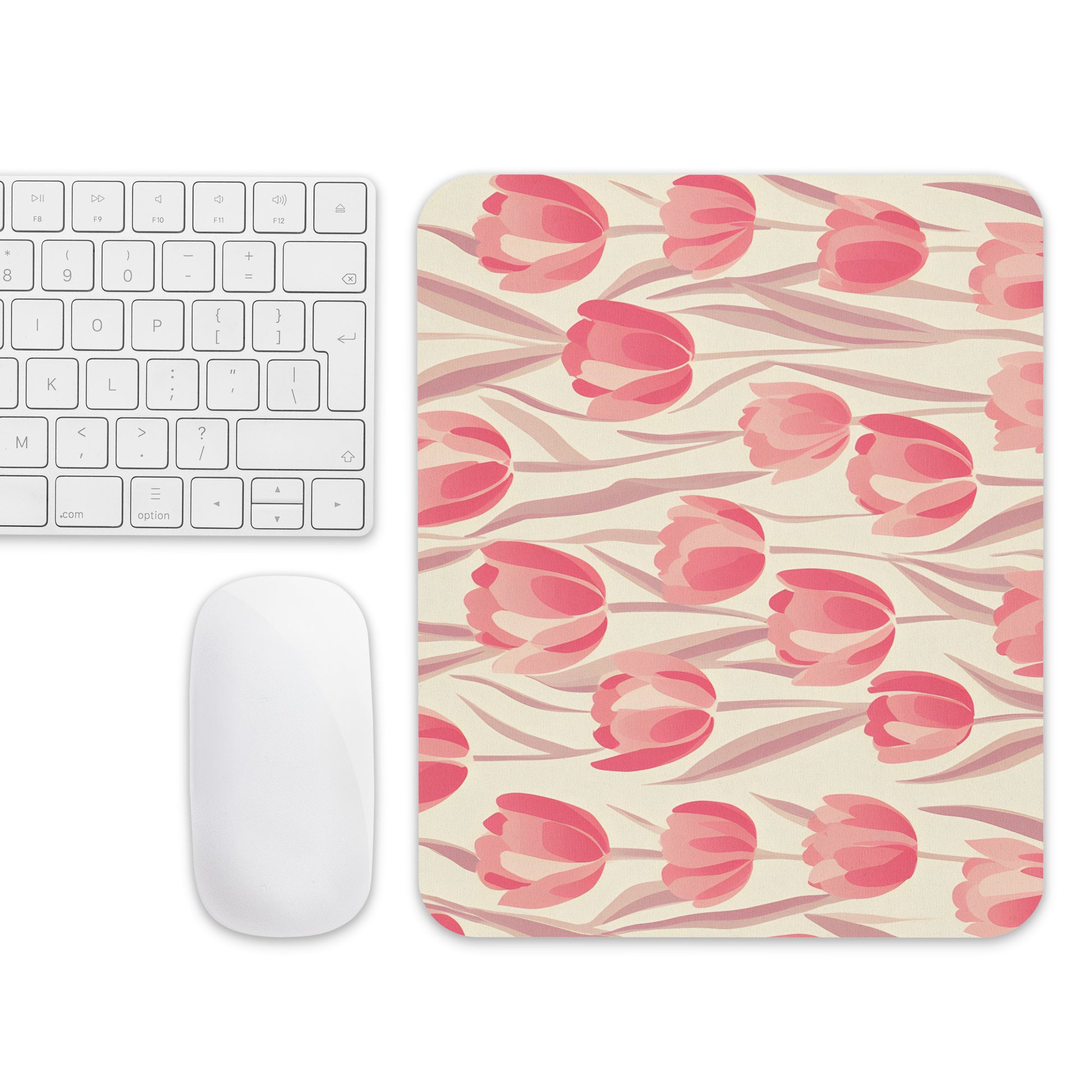 Flat Lay Image: Flat lay of Block Print Tulip Mousepad with other desk accessories