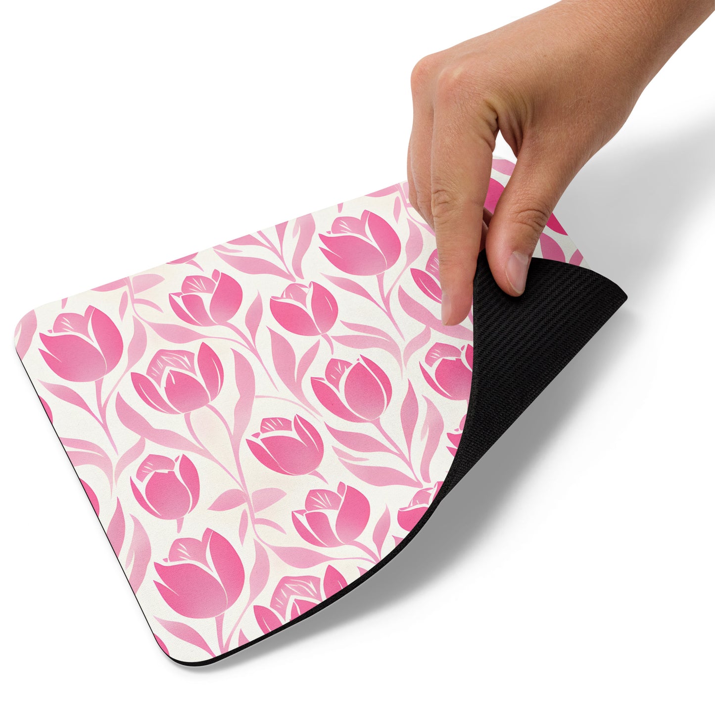 detail of Block Print Pink Tulip Pattern on Mousepad