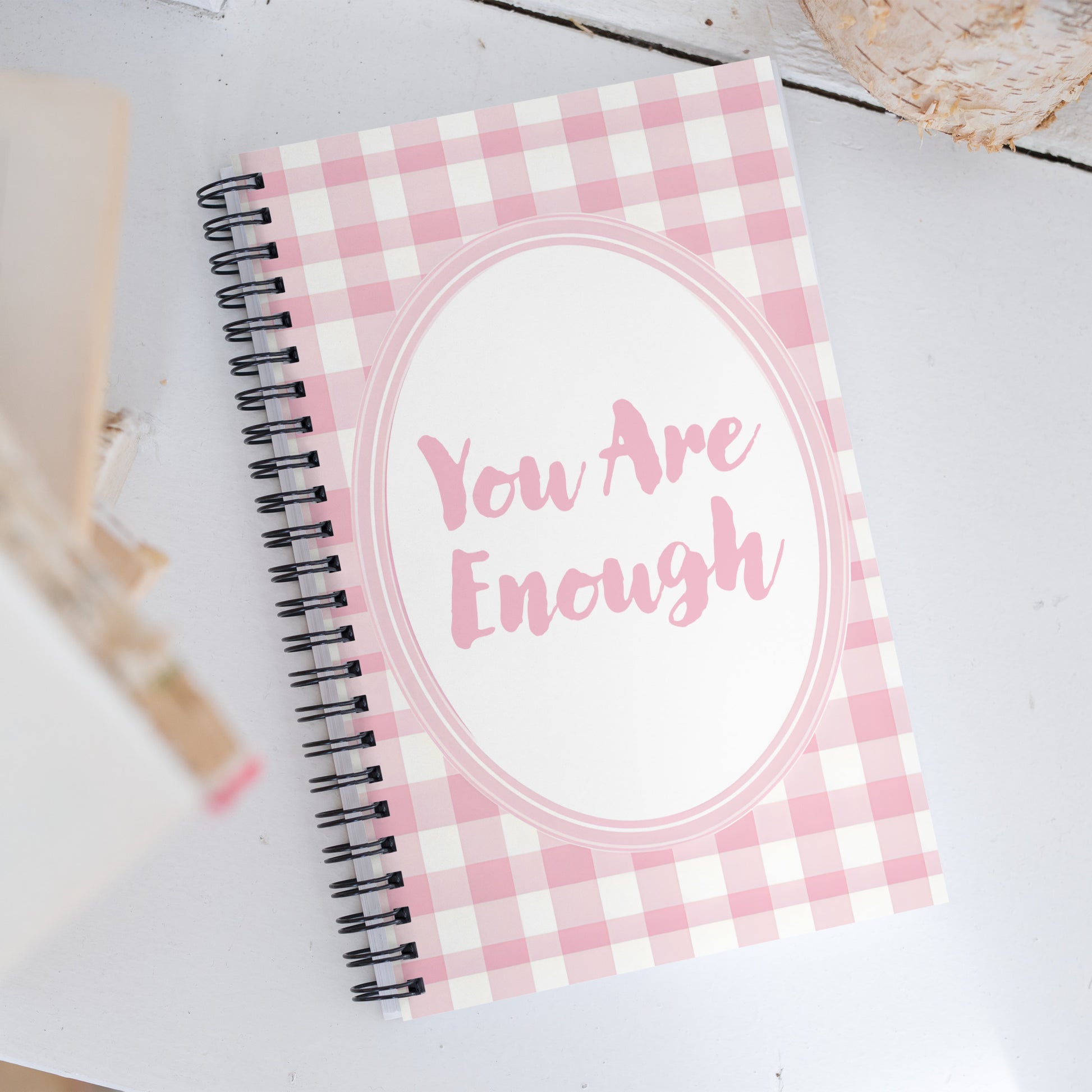 Lifestyle Image: You Are Enough Valentine's Day Pink Inspirational Quote Spiral Notebook