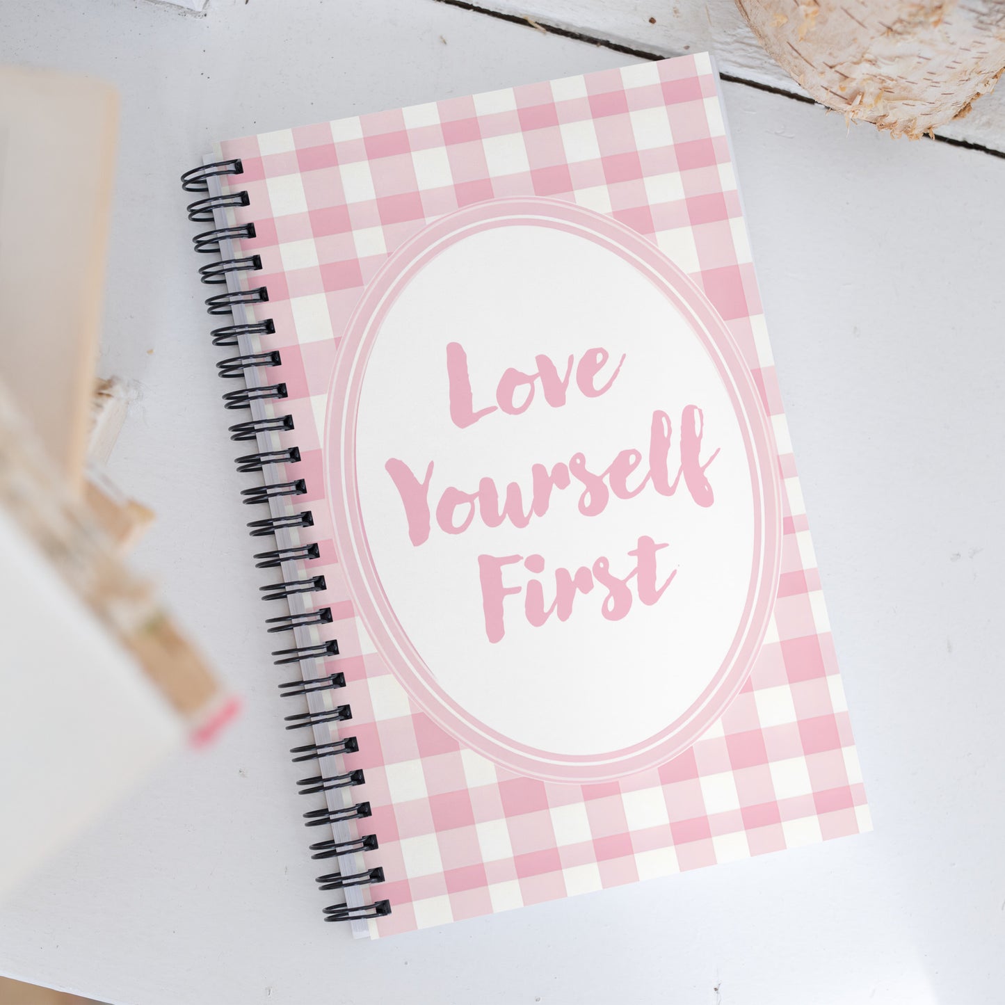 Lifestyle Image: Love Yourself First Valentine's Day Pink Inspirational Quote Spiral Notebook