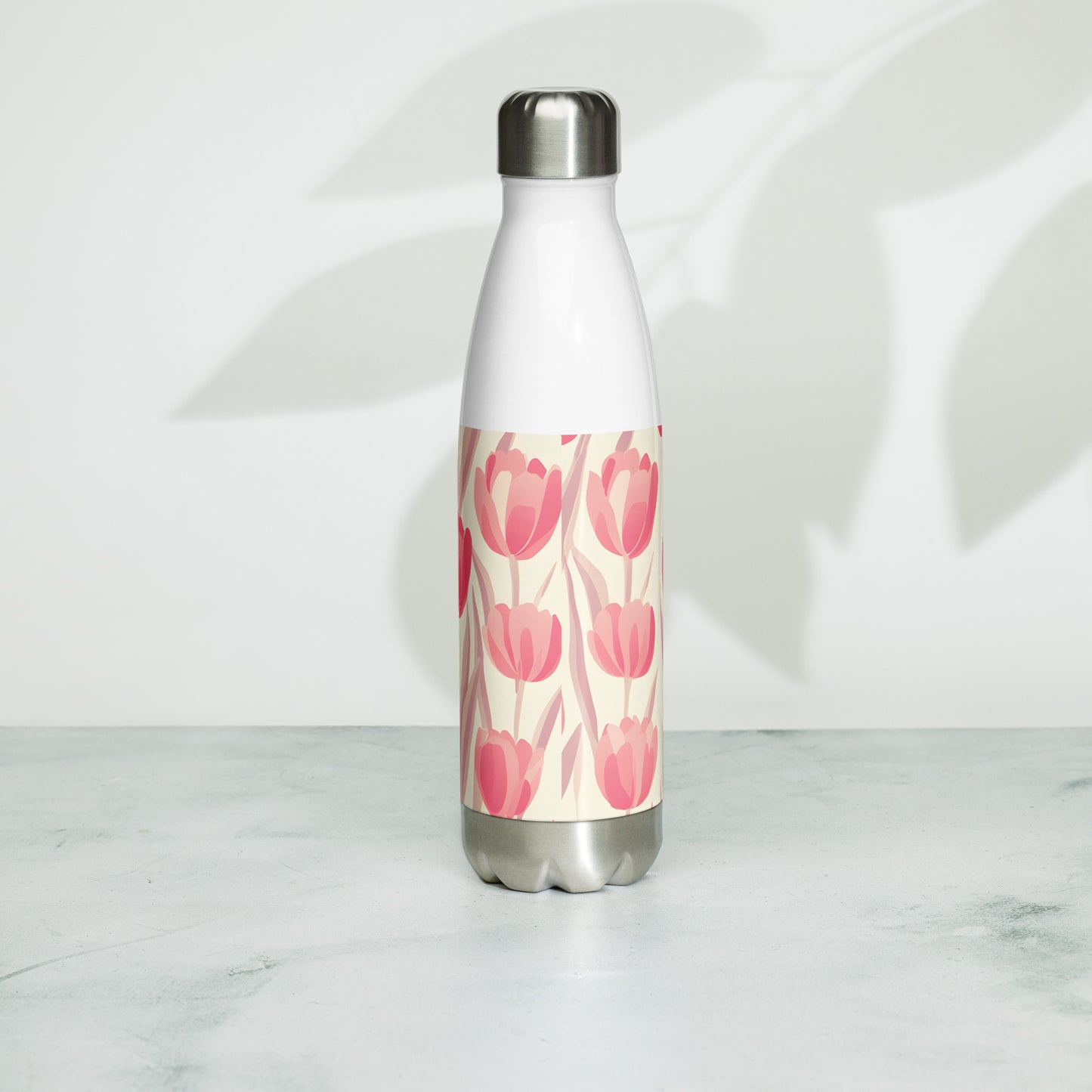 Lifestyle Image:  Stylish Block Print Pastel Pink Tulip Water Bottle