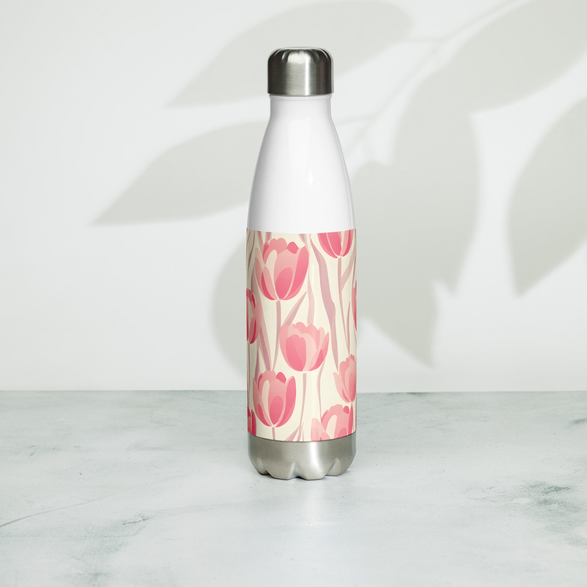 Lifestyle Image:  Stylish Block Print Pastel Pink Tulip Water Bottle