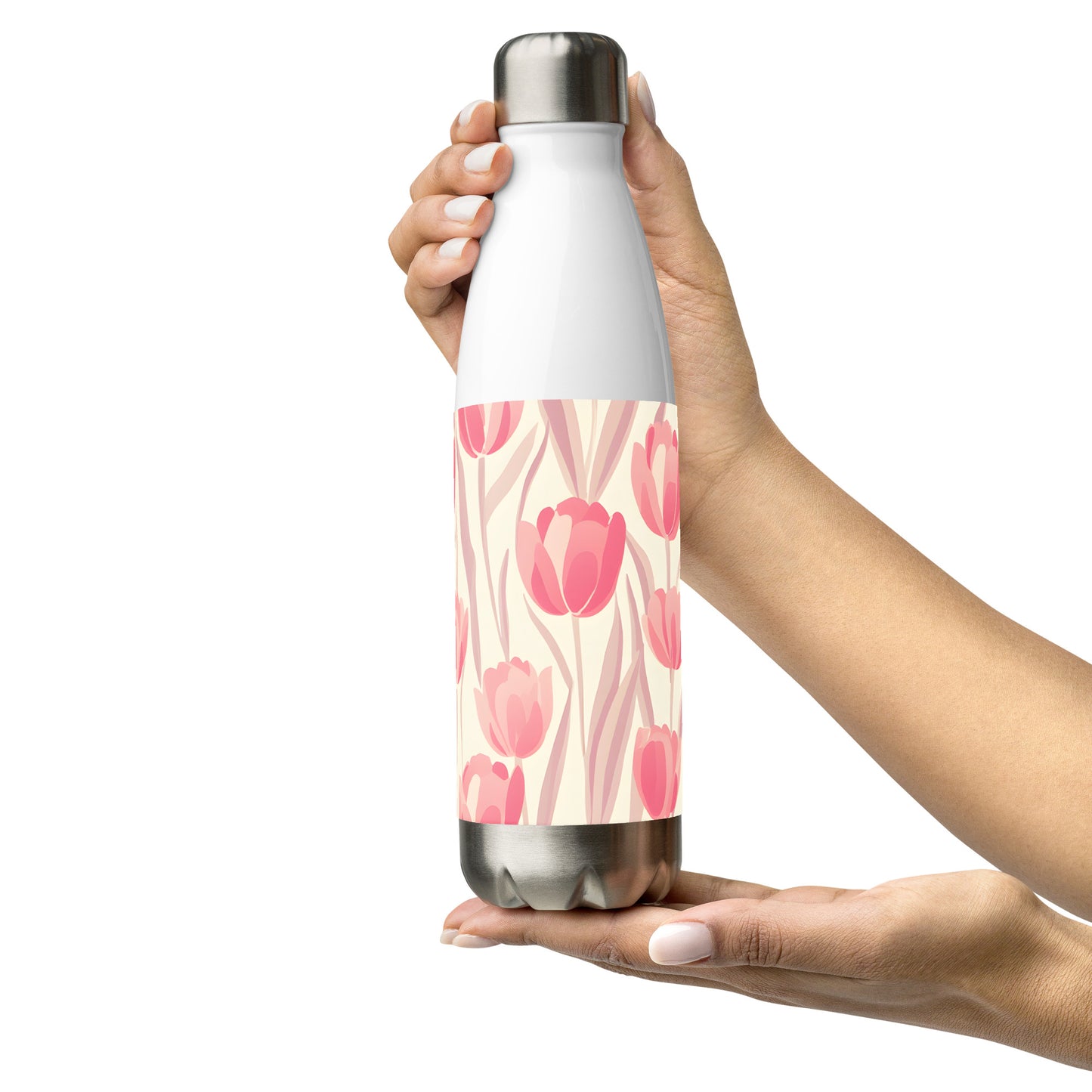 Lifestyle Image: Model carrying Block Print Pastel Pink Tulip Water Bottle