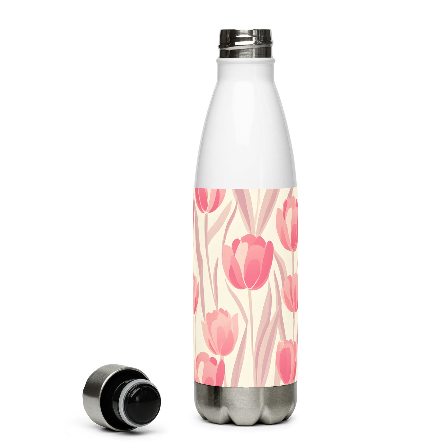 Block Print Pastel Pink Tulip Water Bottle with Odorless and leak-proof cap