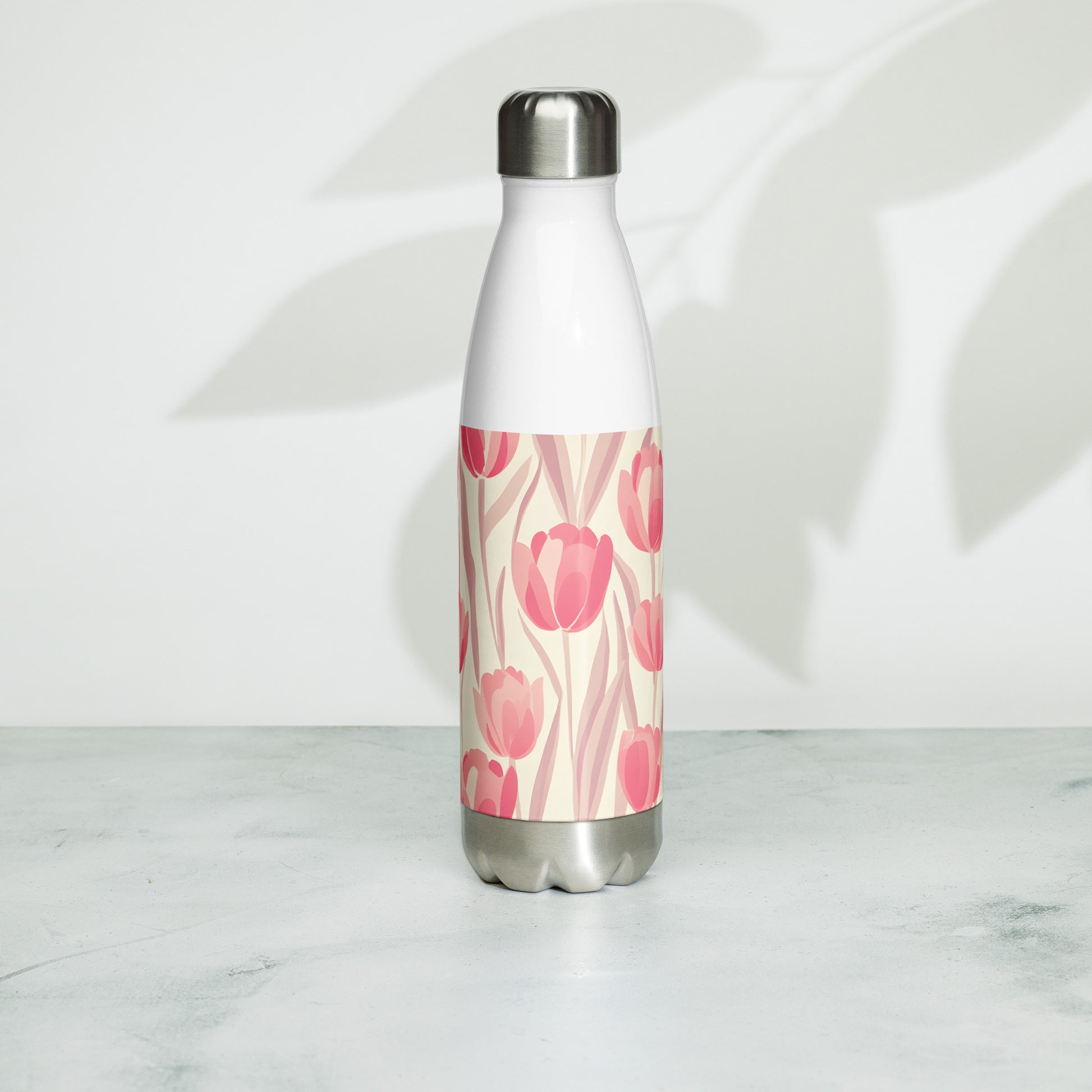 Lifestyle Image:  Stylish Block Print Pastel Pink Tulip Water Bottle