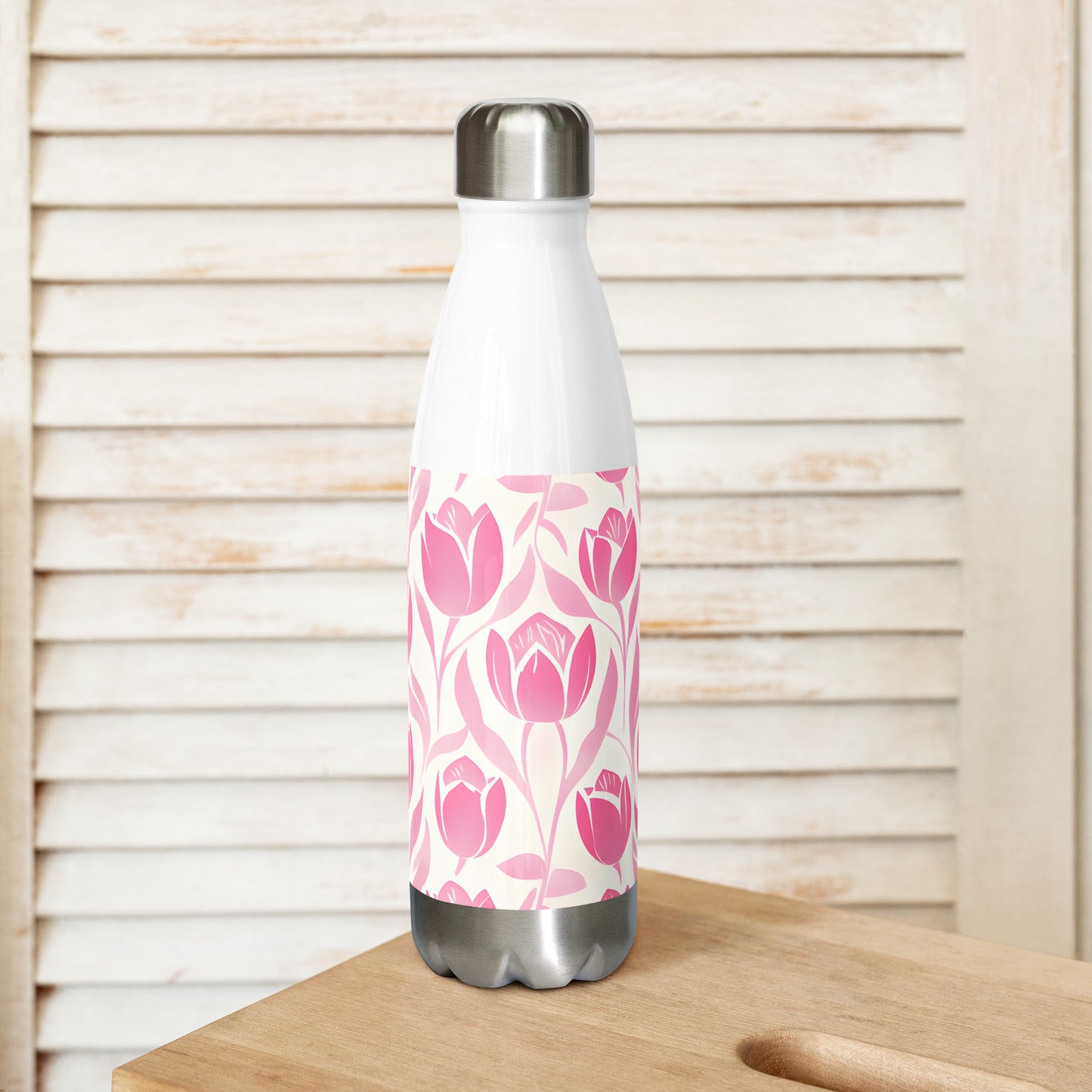 Lifestyle Image: Block Print Pastel Pink Tulip Water Bottle