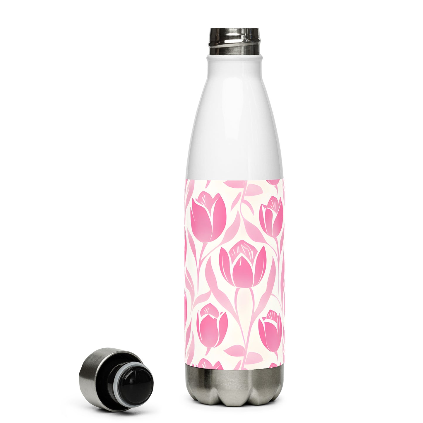 Block Print Pastel Pink Tulip Water Bottle with Odorless and leak-proof cap