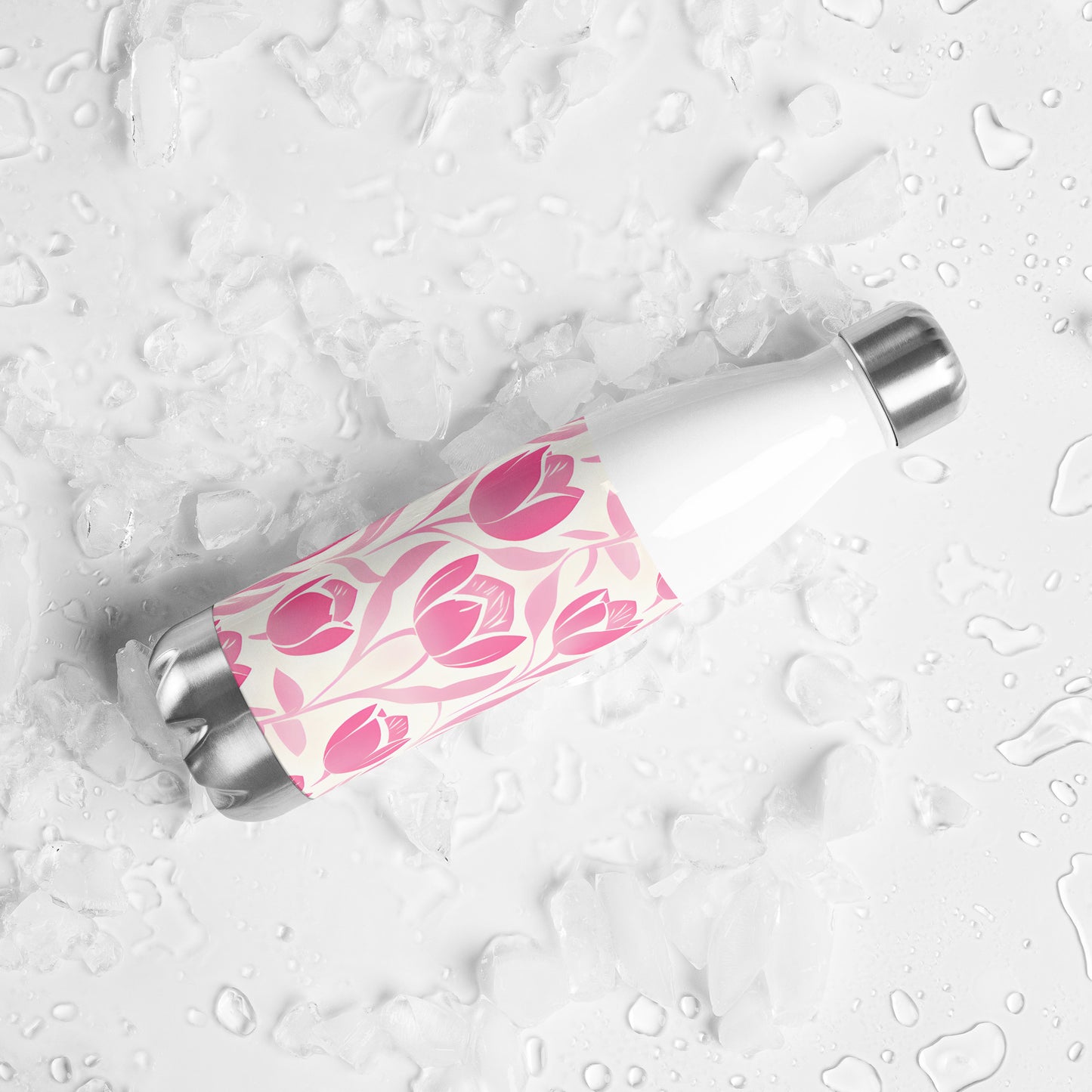 Lifestyle Image: Block Print Pastel Pink Tulip Water Bottle