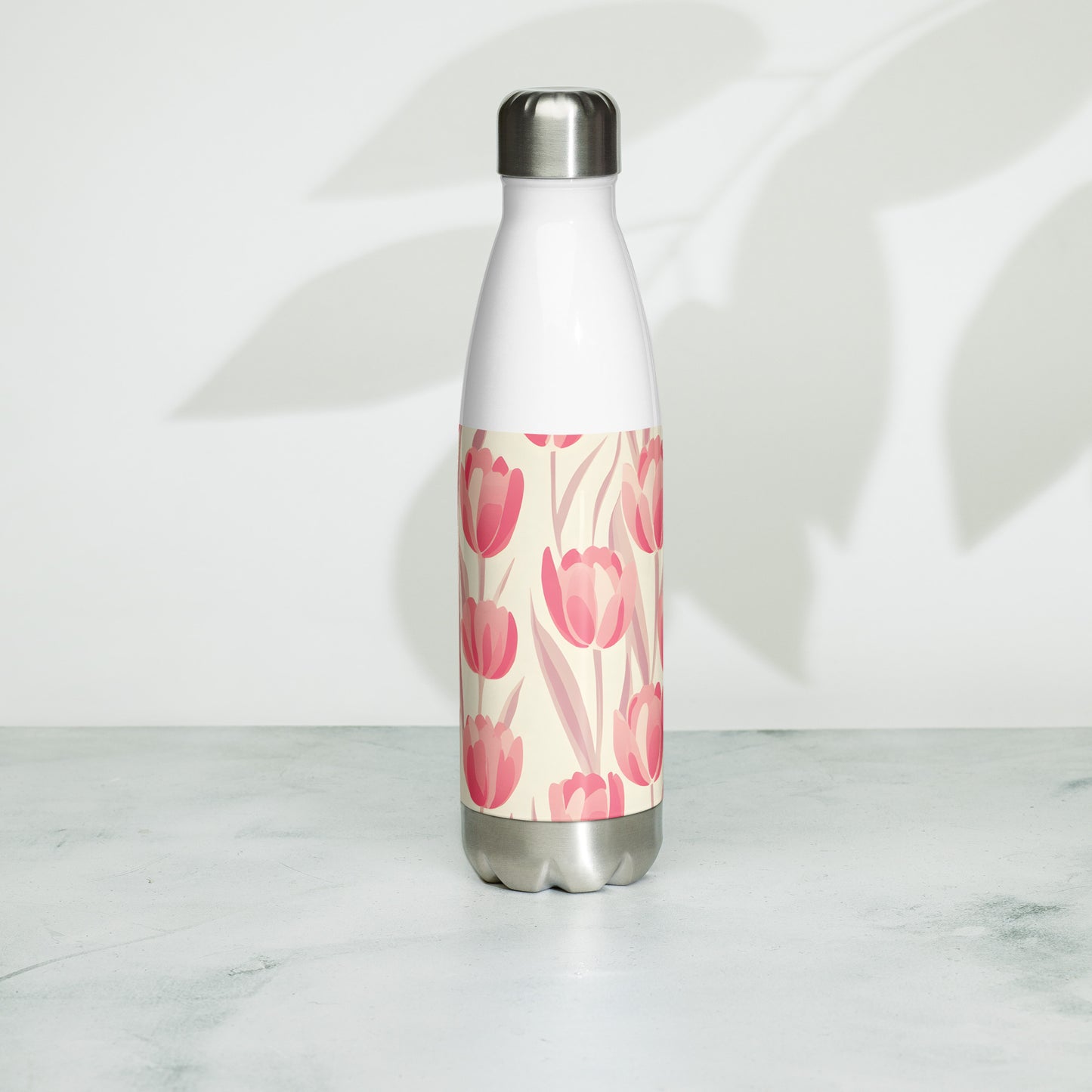 Lifestyle Image:  Stylish Block Print Pastel Pink Tulip Water Bottle