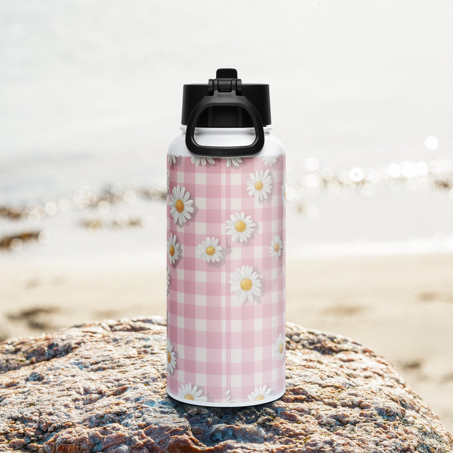 Lifestyle Image: White Daisies on Pastel Pink Checkered Water Bottle