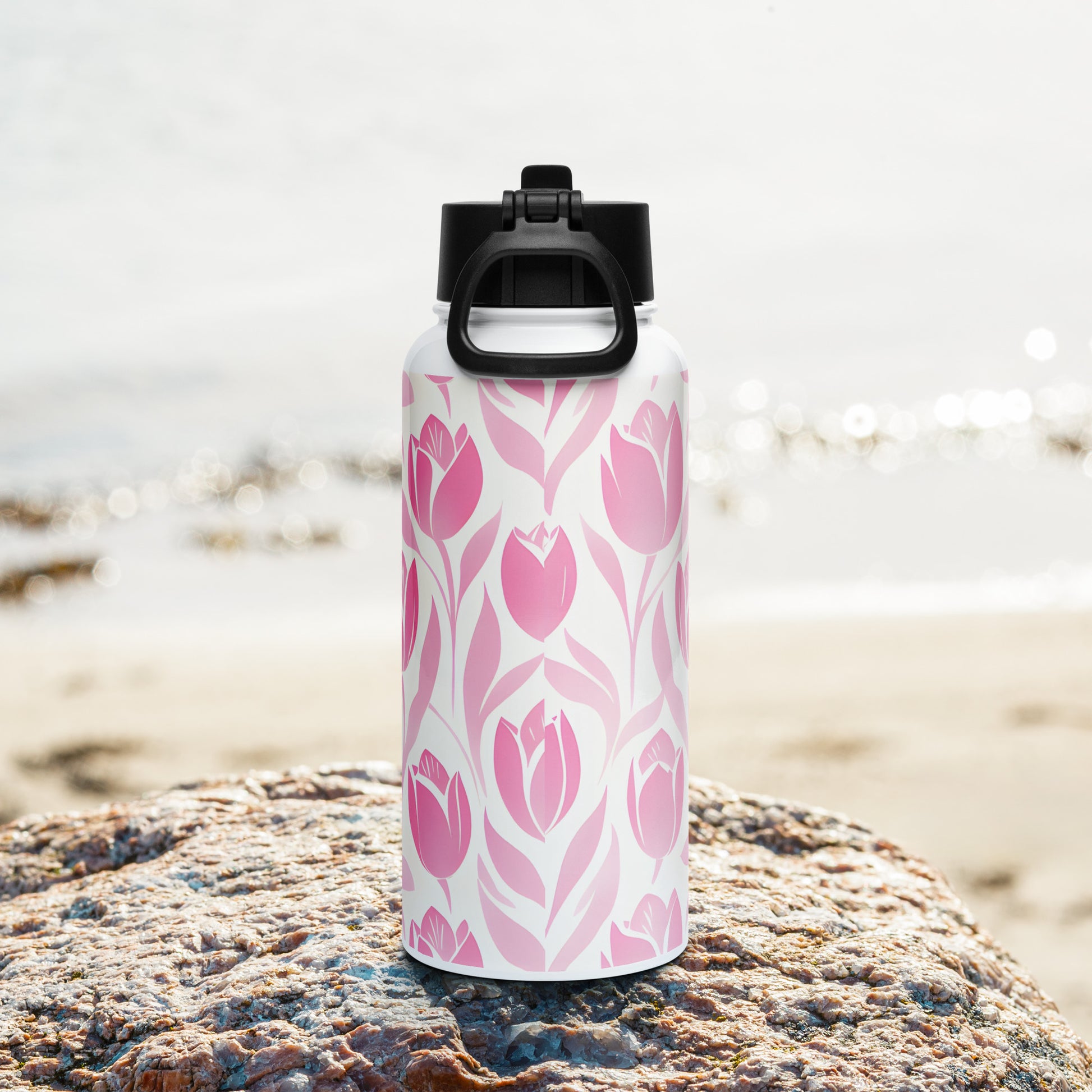 Lifestyle Image: Block Print Pastel Pink Tulip Water Bottle