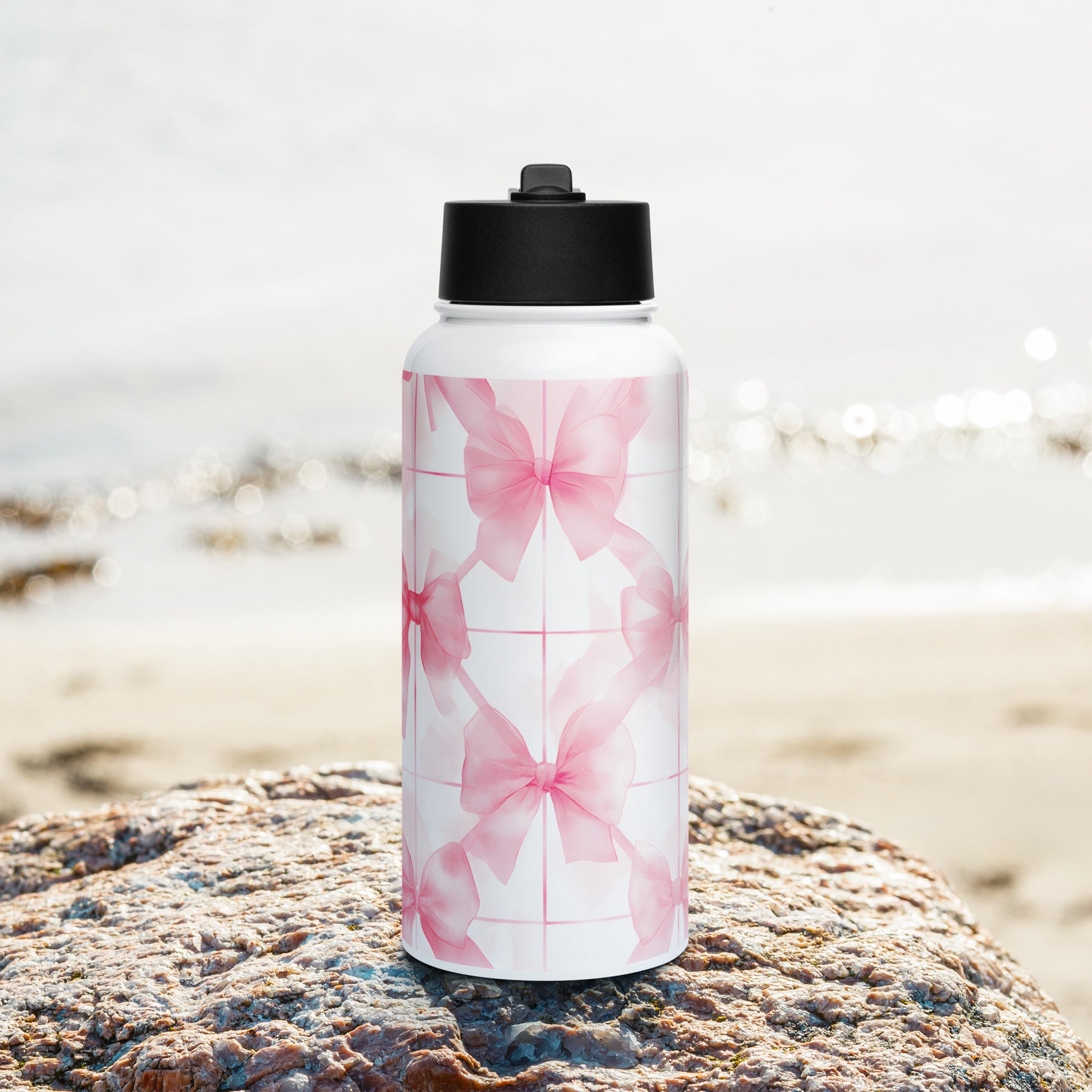 Lifestyle Image: Coquette Pink Watercolor Ribbon Water Bottle