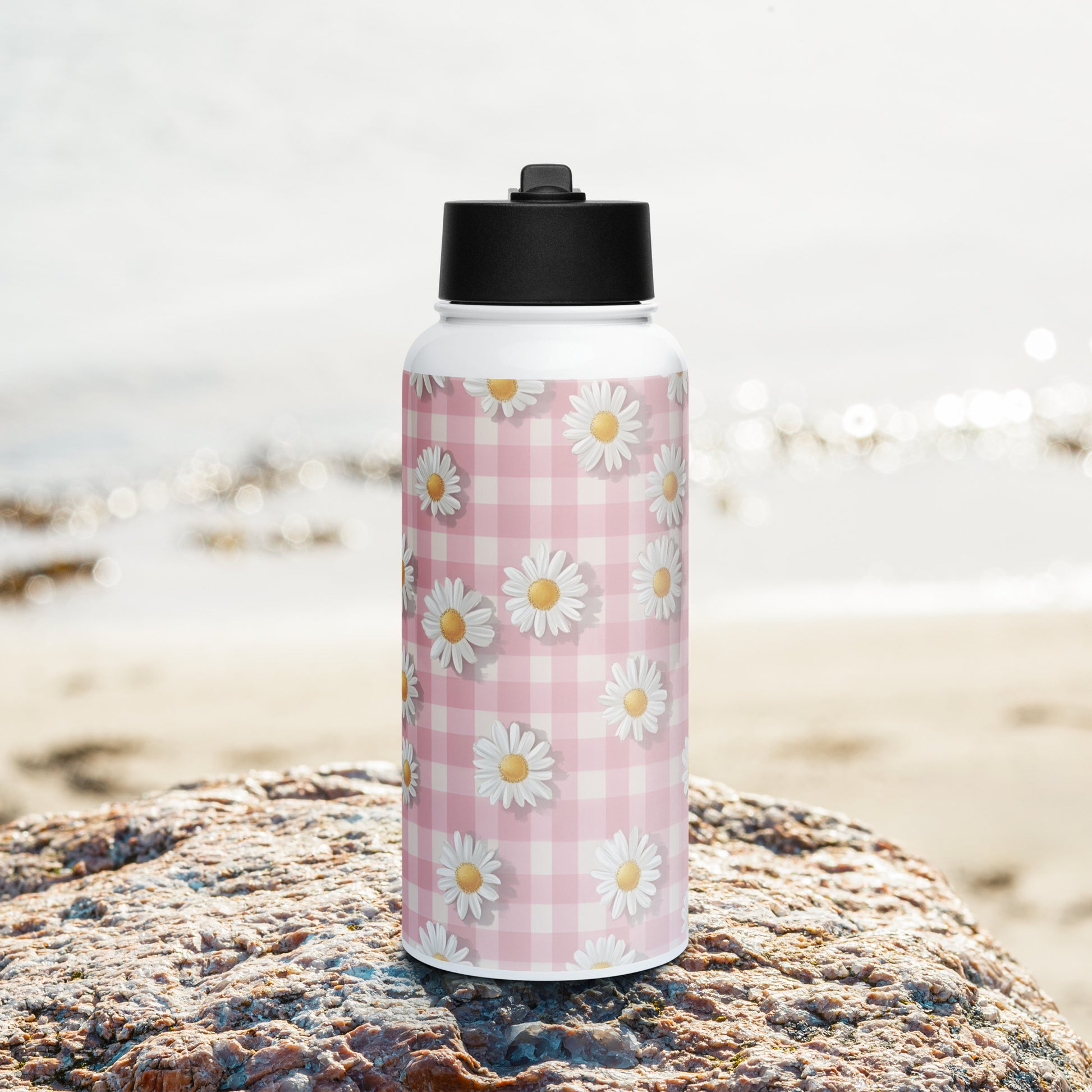 Lifestyle Image: White Daisies on Pastel Pink Checkered Water Bottle