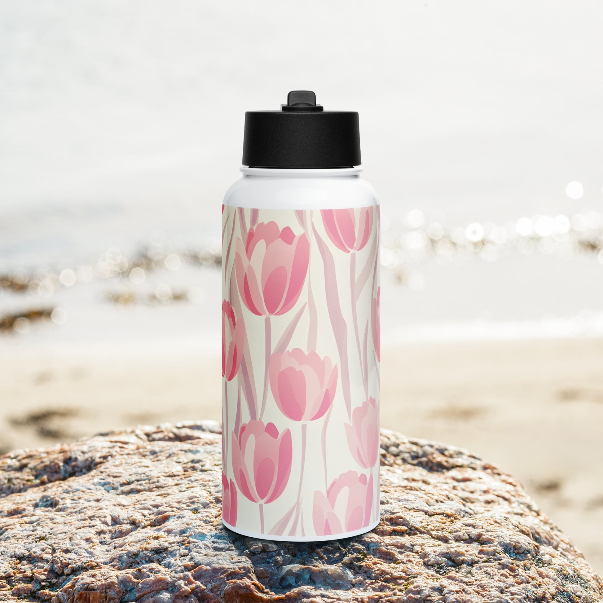 Front View Image: Feminine Pink Aesthetic Stainless Steel Water Bottle with Straw Lid