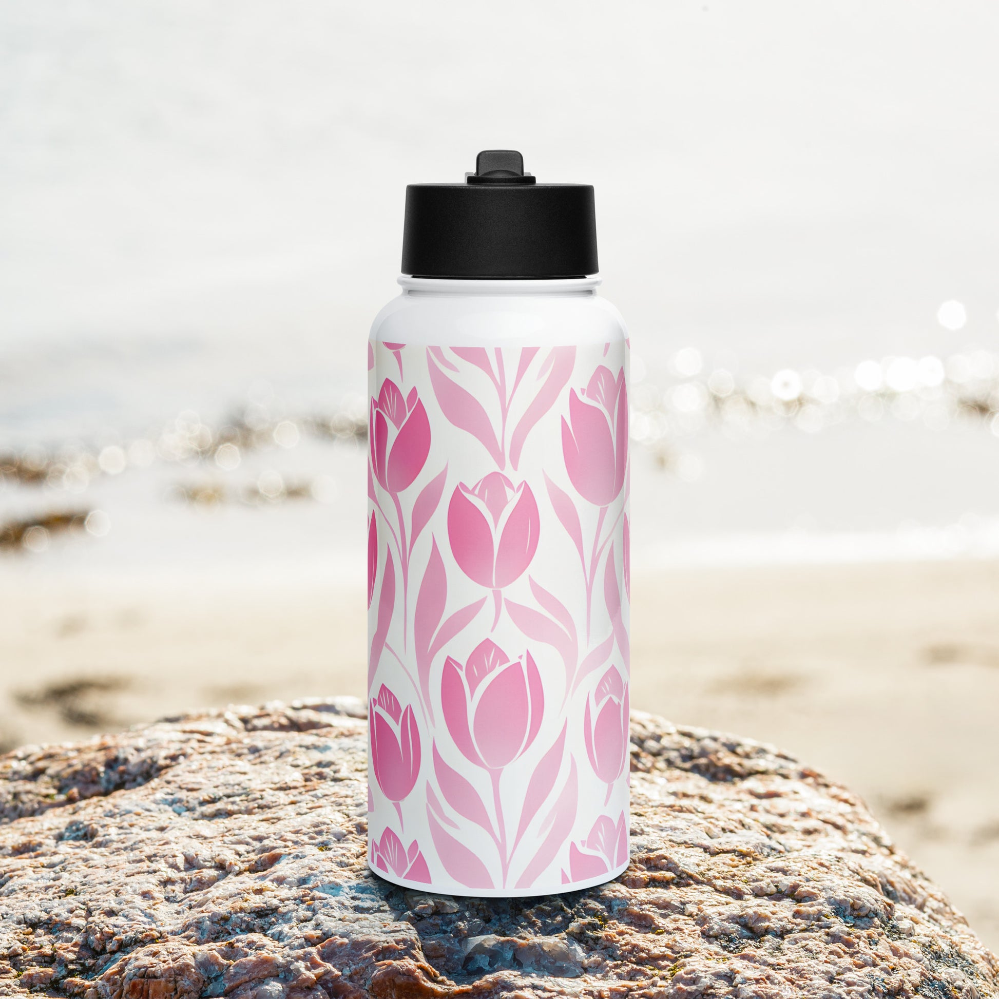 Lifestyle Image: Block Print Pastel Pink Tulip Water Bottle