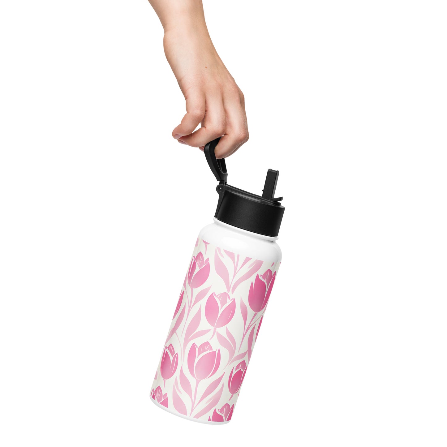 Lifestyle Image: Model carrying Block Print Pastel Pink Tulip Water Bottle