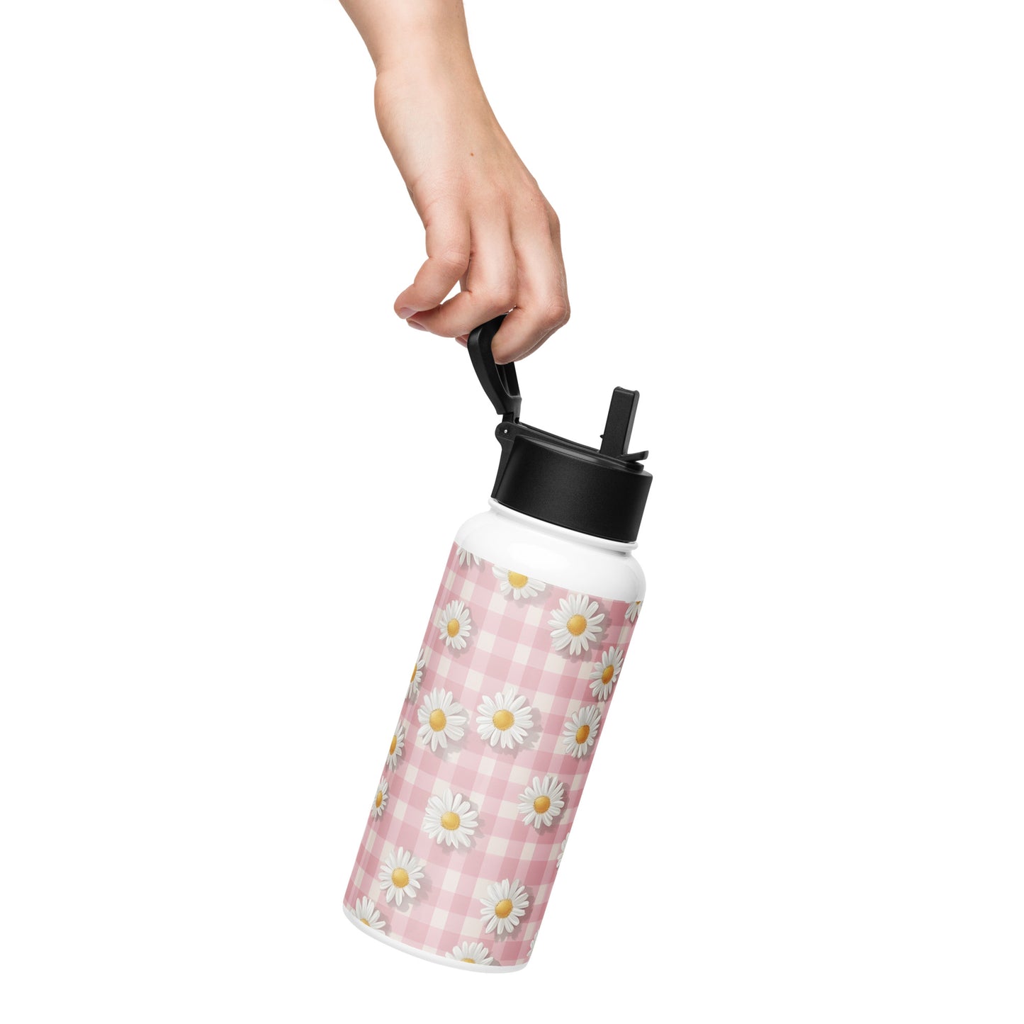 Lifestyle Image: Model carrying White Daisies on Pastel Pink Checkered Water Bottle