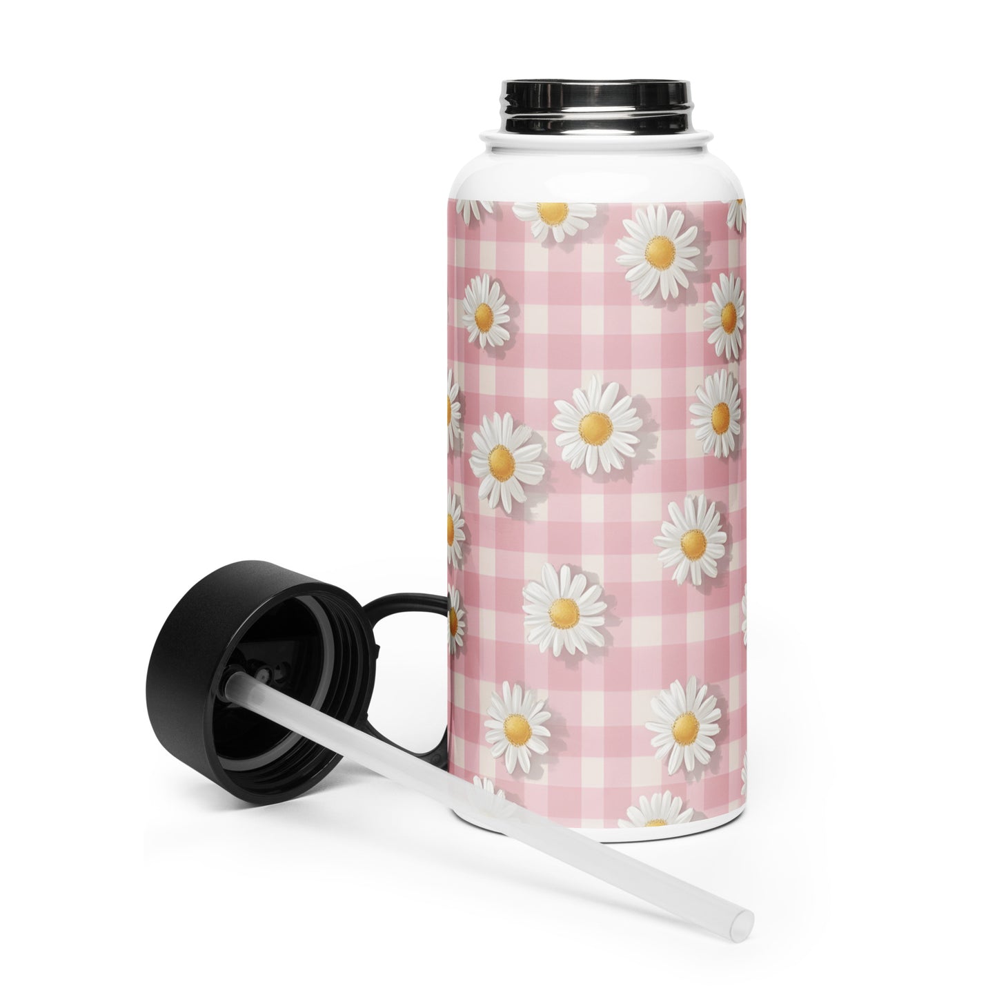 White Daisies on Pastel Pink Checkered Water Bottle with Plastic lid and wide-mouth foldable straw