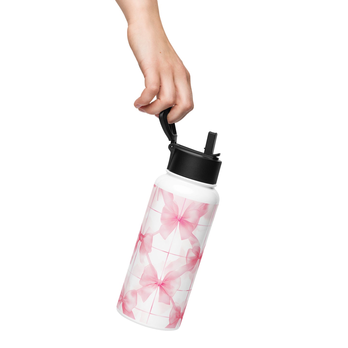 Lifestyle Image: Model carrying Coquette Pink Watercolor Ribbon Water Bottle